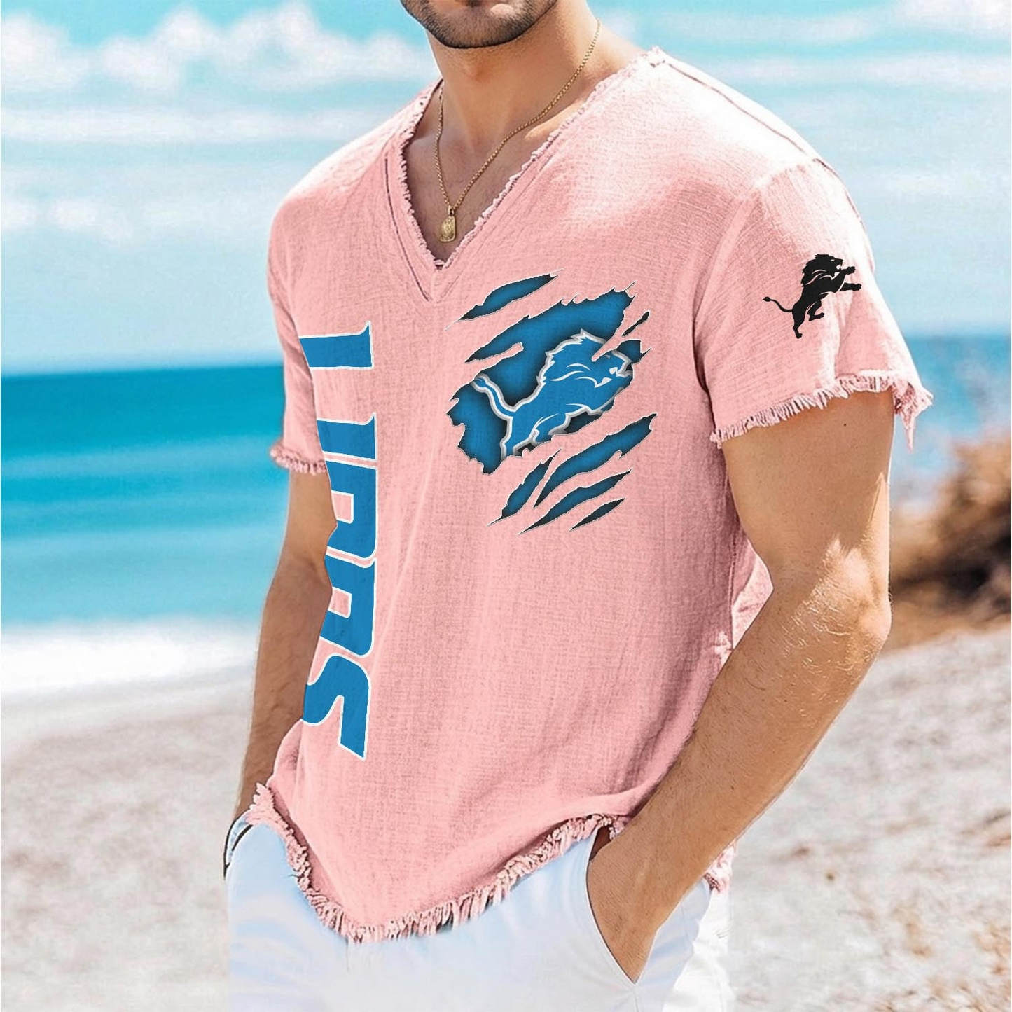 DET x NFL V-Neck Linen Beach Shirt 1905 DatND DVT