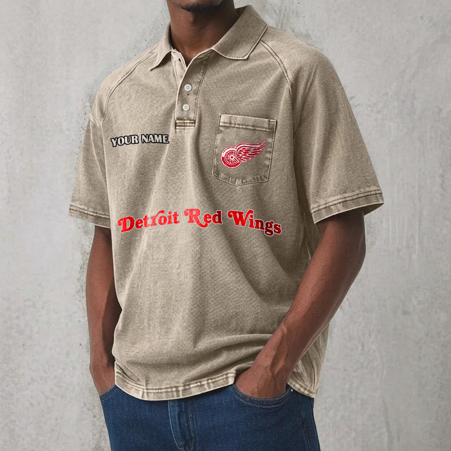 DET x NHL Men's Distressed Turn-Down Collar Polo DATND TANTD 250526
