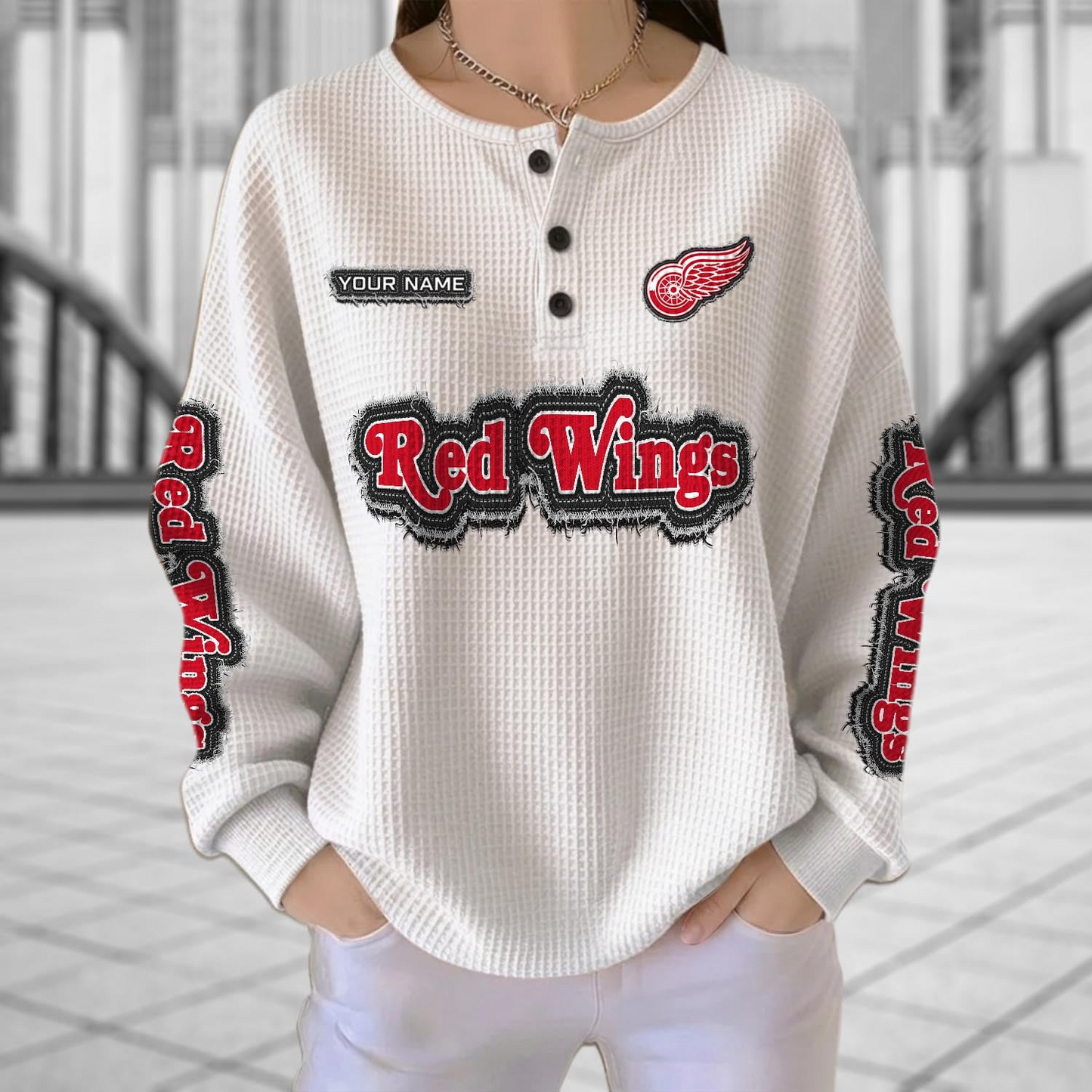 DET x NHL Personalized Waffle Knit Henley Sweatshirt 2005 DatND DVT
