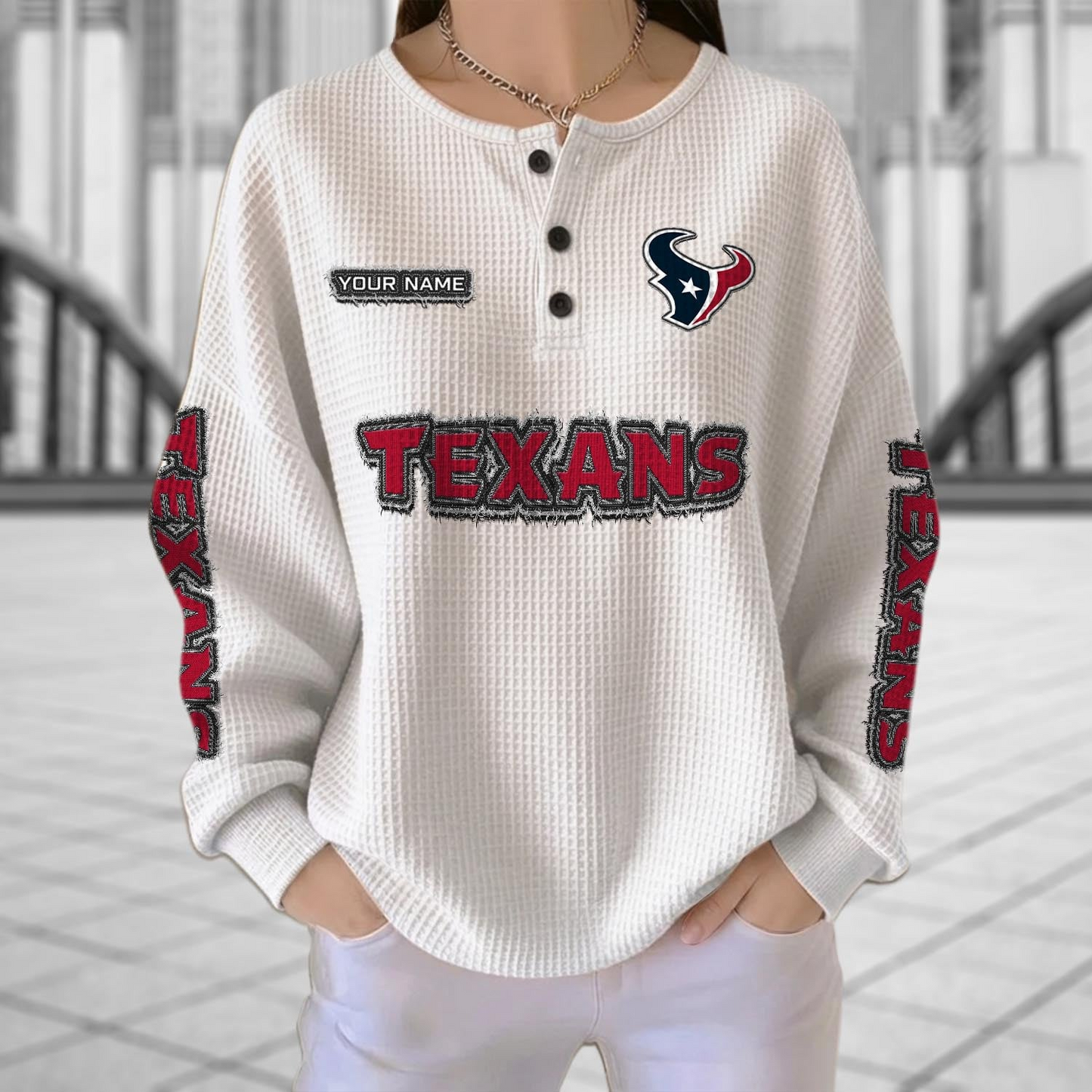 HOU x NFL Personalized Waffle Knit Henley Sweatshirt 2005 DatND DVT
