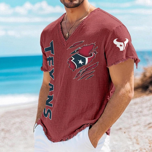 HOU x NFL V-Neck Linen Beach Shirt 1905 DatND DVT