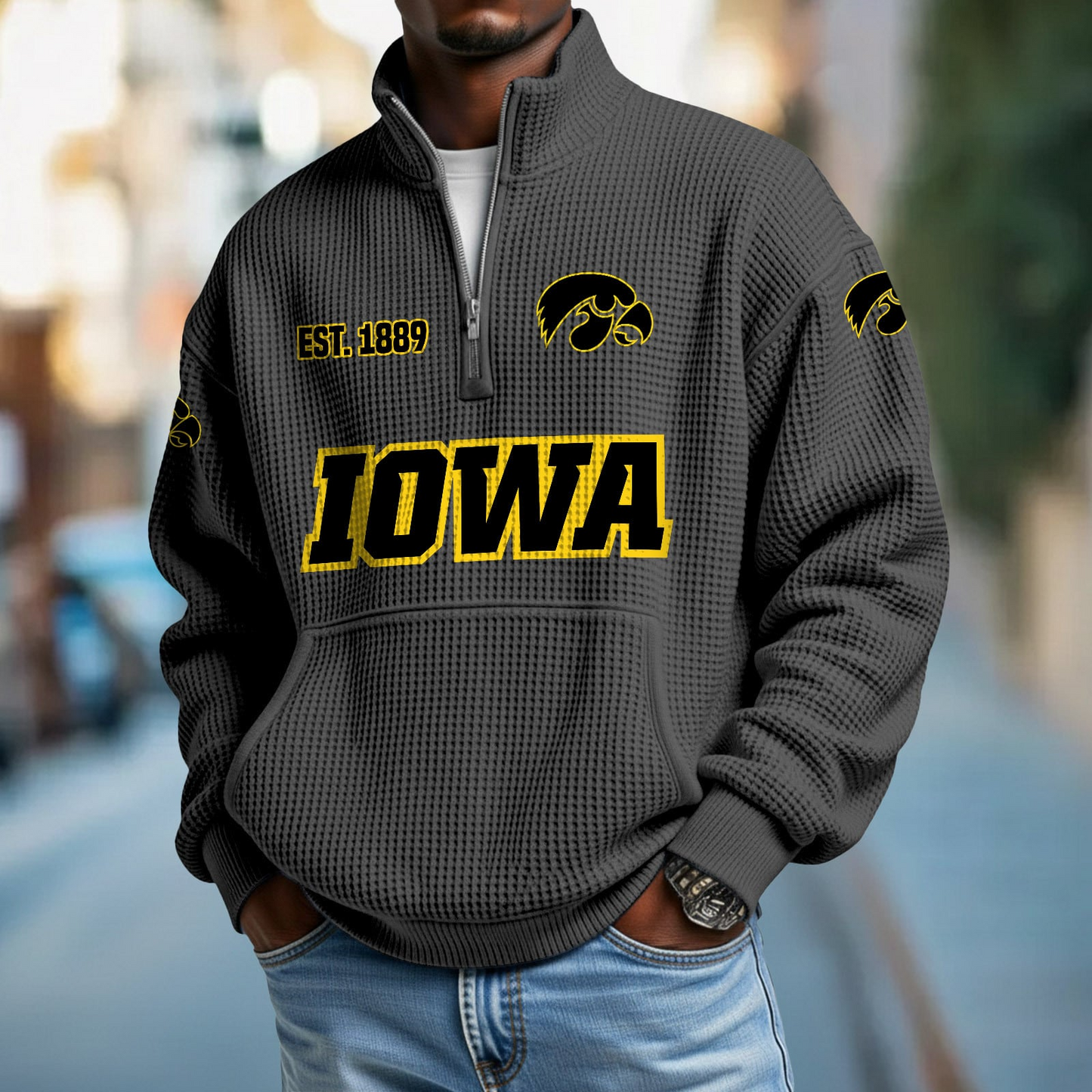 IOWA x College Football - Waffle Stand Collar Half Zip Sweatshirt DatND DVT