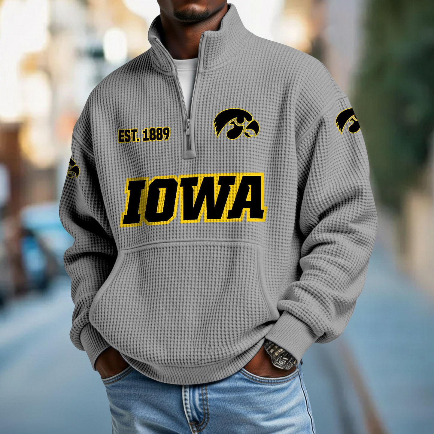 IOWA x College Football - Waffle Stand Collar Half Zip Sweatshirt DatND DVT