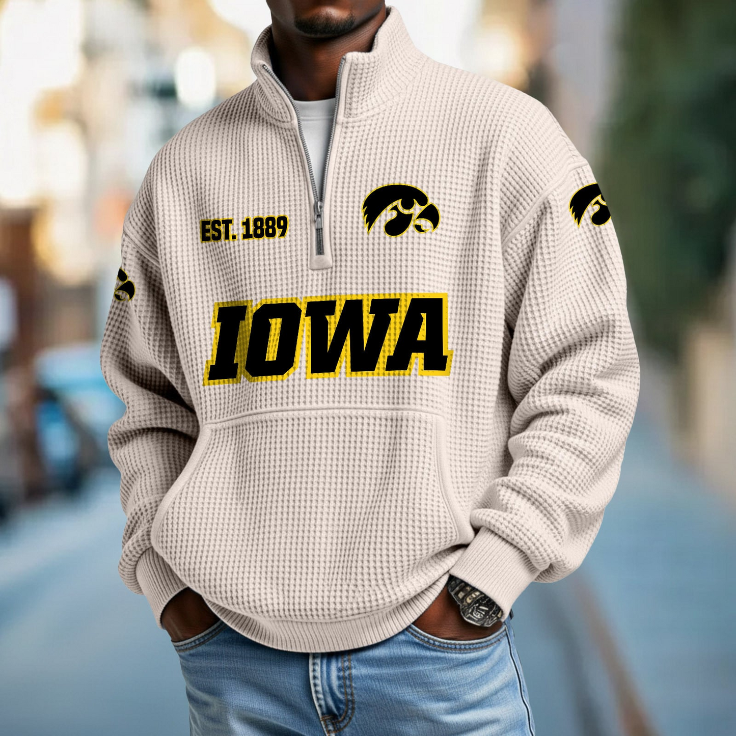 IOWA x College Football - Waffle Stand Collar Half Zip Sweatshirt DatND DVT