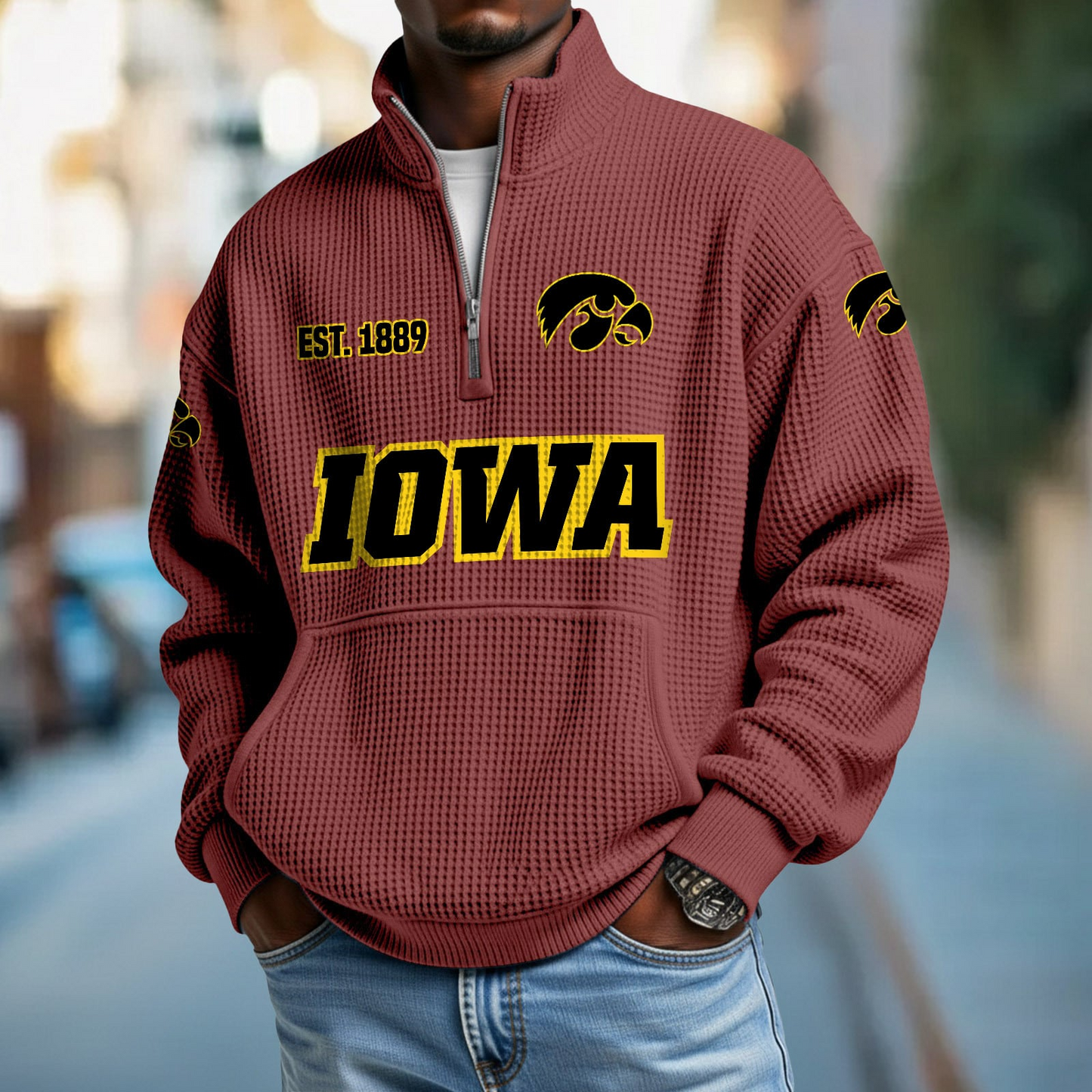 IOWA x College Football - Waffle Stand Collar Half Zip Sweatshirt DatND DVT