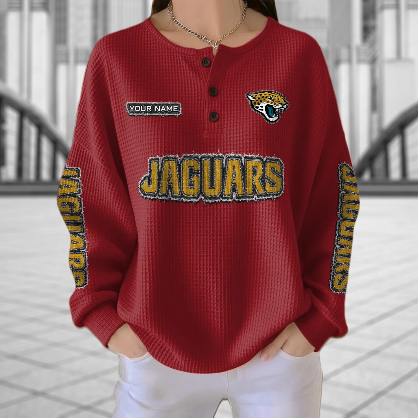 JAC x NFL Personalized Waffle Knit Henley Sweatshirt 2005 DatND DVT