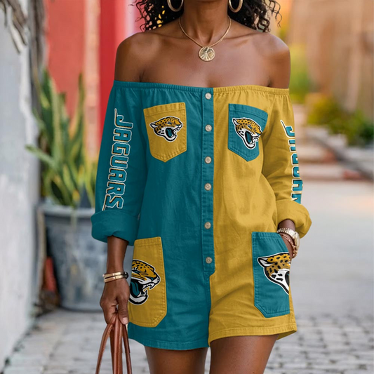 JAX x NFL Button-Front Off-Shoulder Dress DATND TANTD 060626