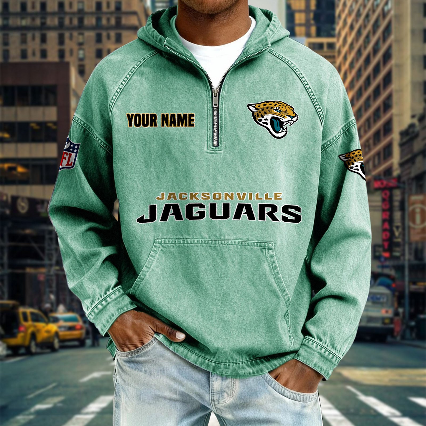 JJ x NFL Denim Long - Sleeved Hooded Sweatshirt DDT NTL