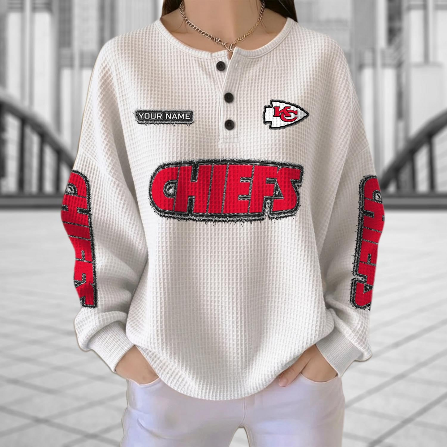 KC x NFL Personalized Waffle Knit Henley Sweatshirt 2005 DatND DVT