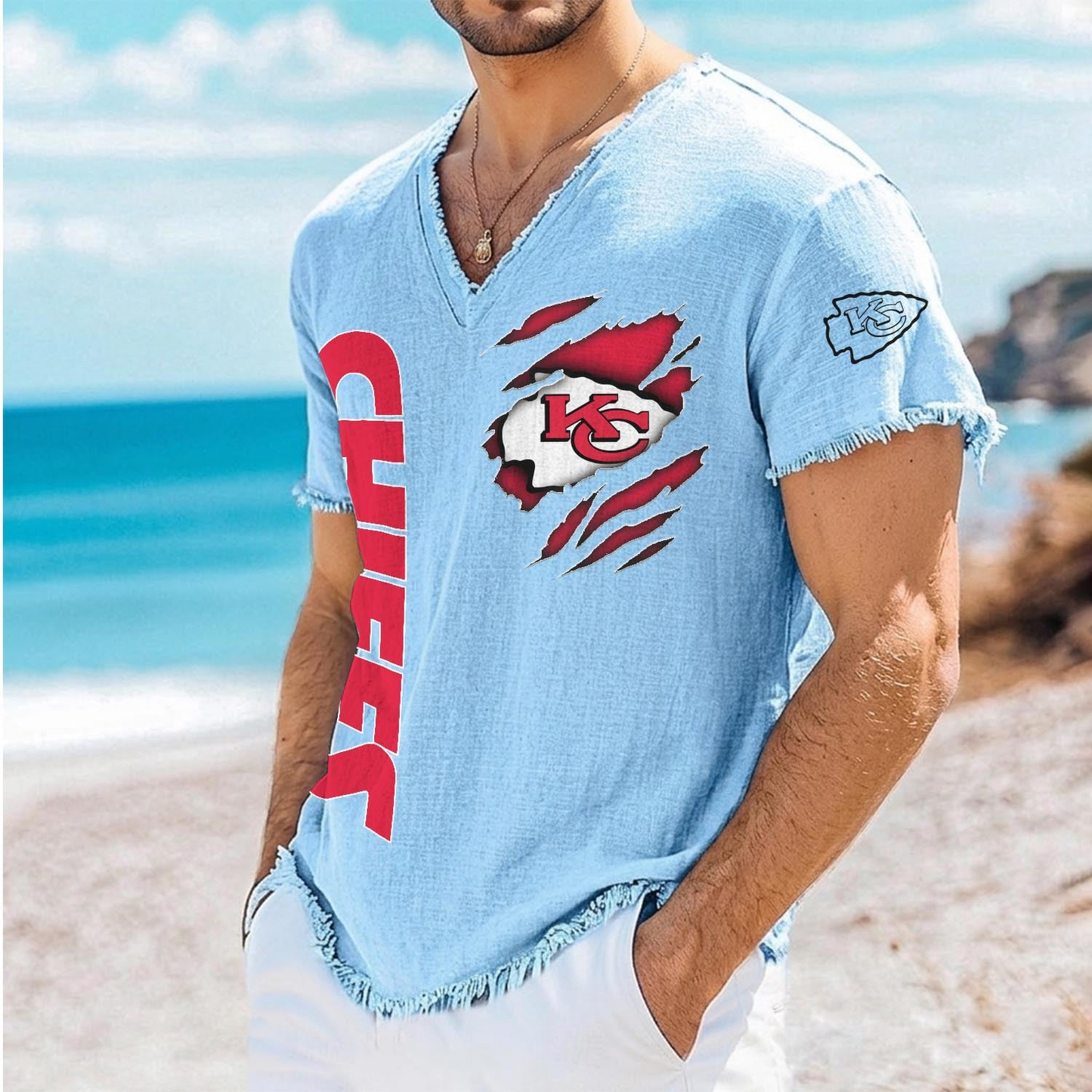 KC x NFL V-Neck Linen Beach Shirt 1905 DatND DVT