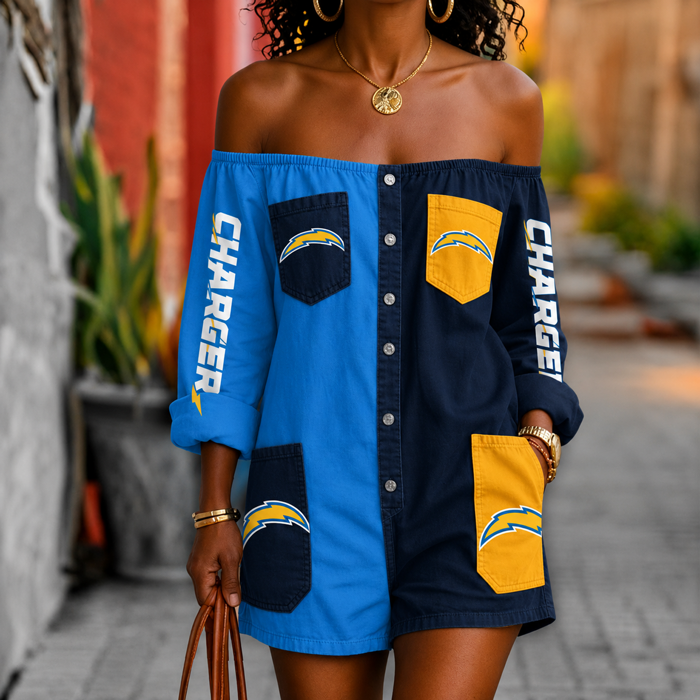 LAC x NFL Button-Front Off-Shoulder Dress DATND TANTD 060626