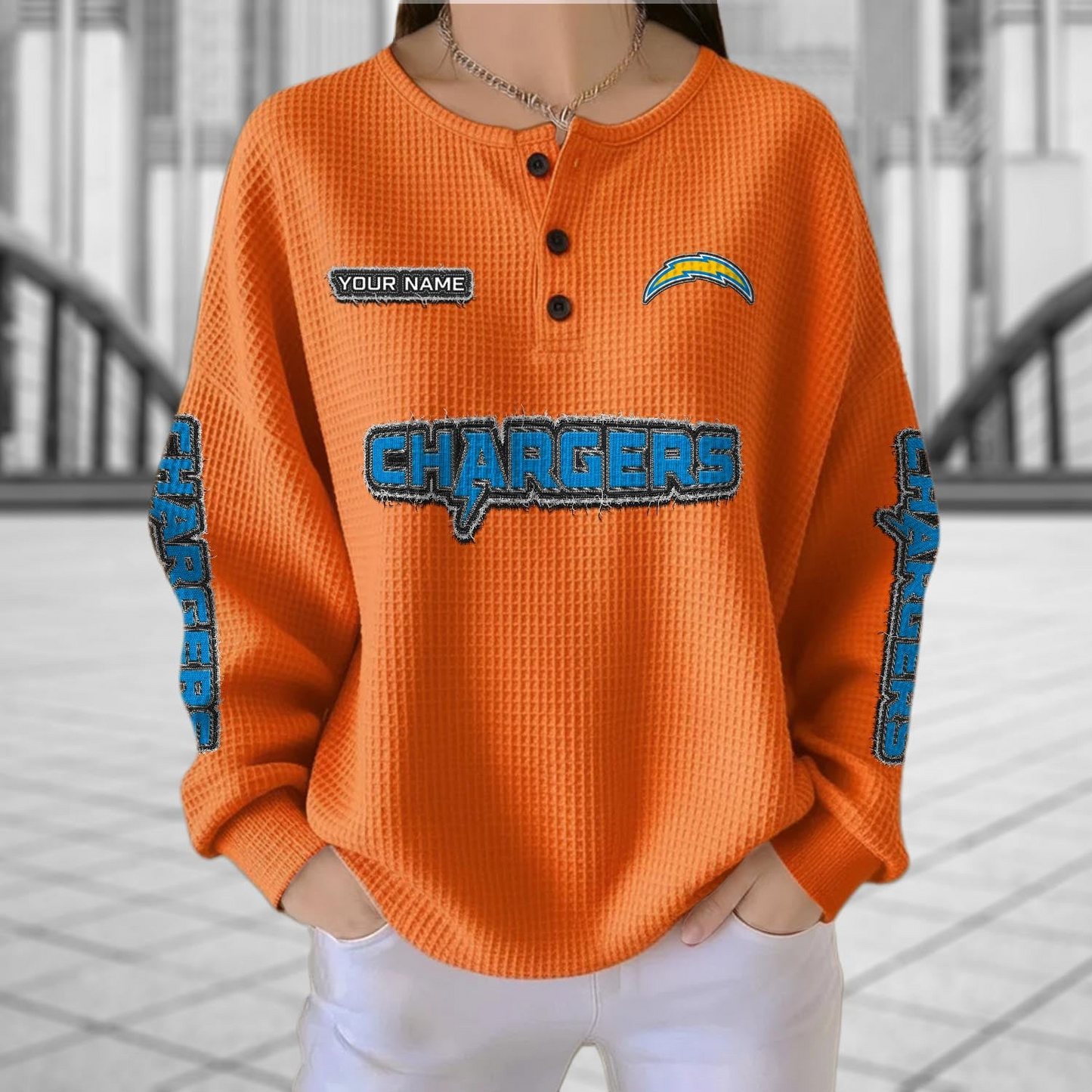 LAC x NFL Personalized Waffle Knit Henley Sweatshirt 2005 DatND DVT