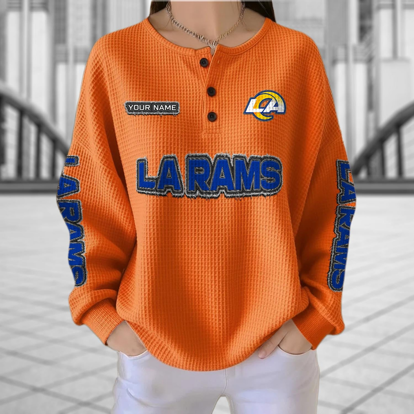 LAR x NFL Personalized Waffle Knit Henley Sweatshirt 2005 DatND DVT