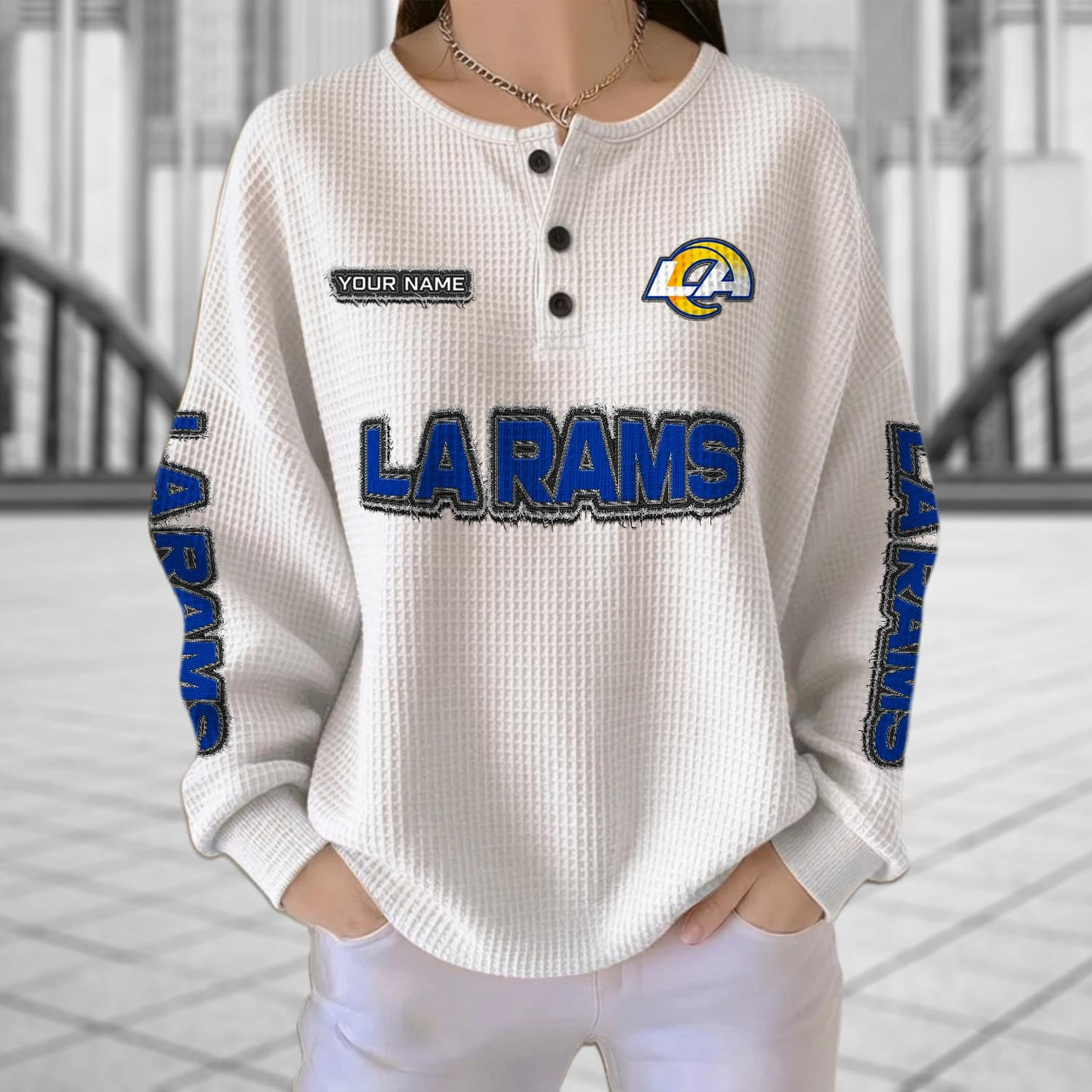 LAR x NFL Personalized Waffle Knit Henley Sweatshirt 2005 DatND DVT