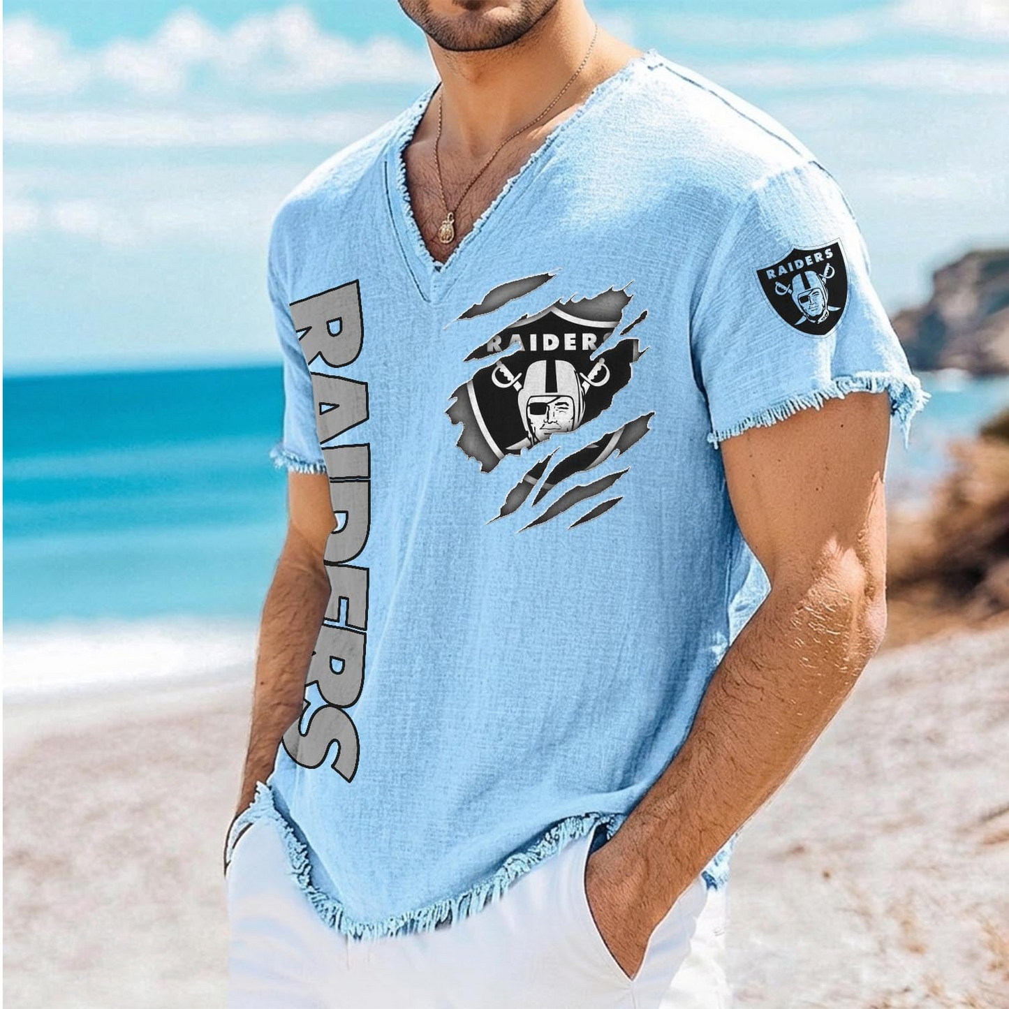 LV x NFL V-Neck Linen Beach Shirt 1905 DatND DVT