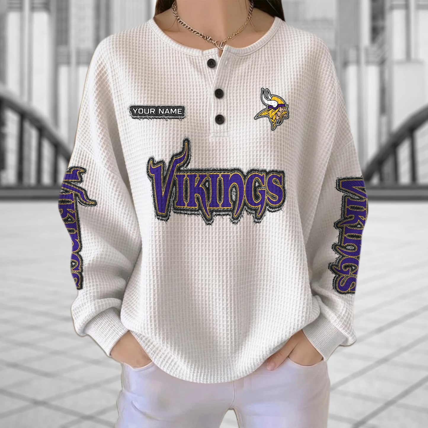 MIN x NFL Personalized Waffle Knit Henley Sweatshirt 2005 DatND DVT