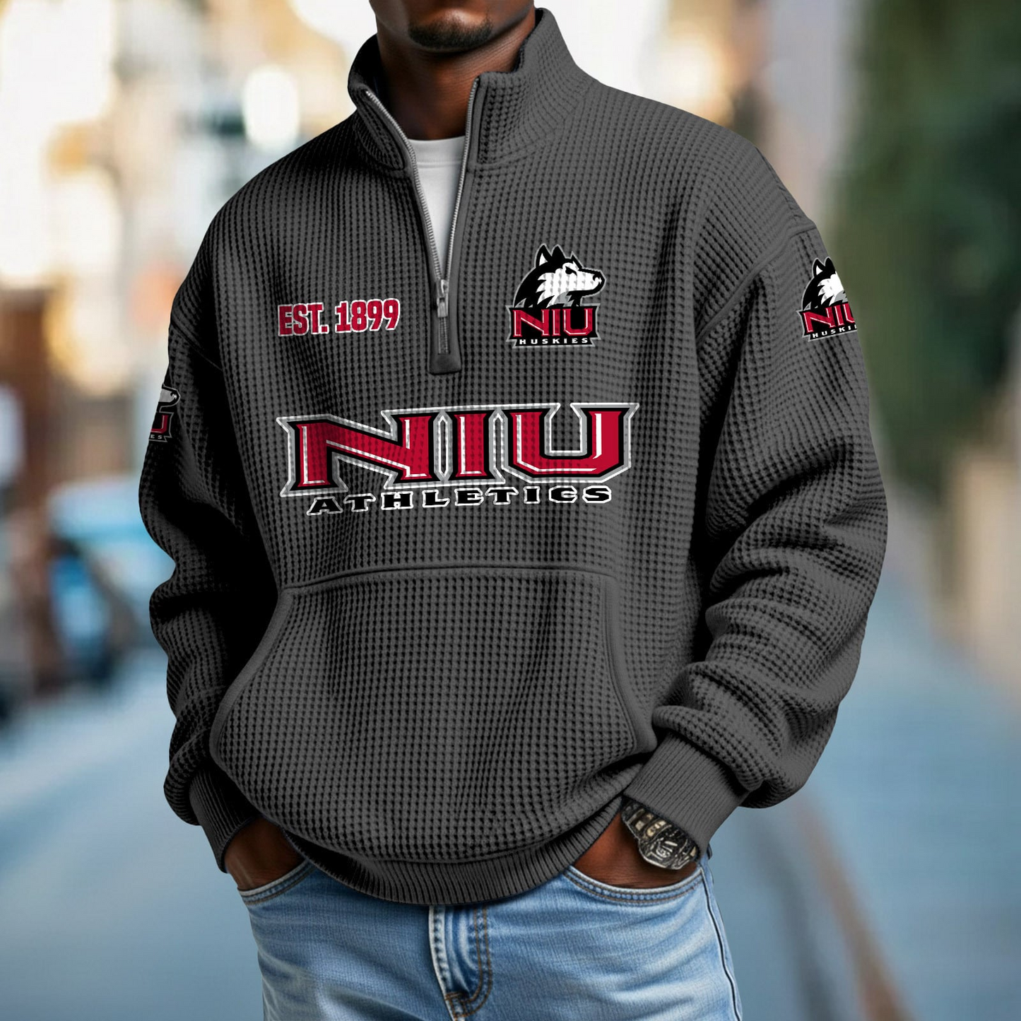 NIU x College Football - Waffle Stand Collar Half Zip Sweatshirt DatND DVT