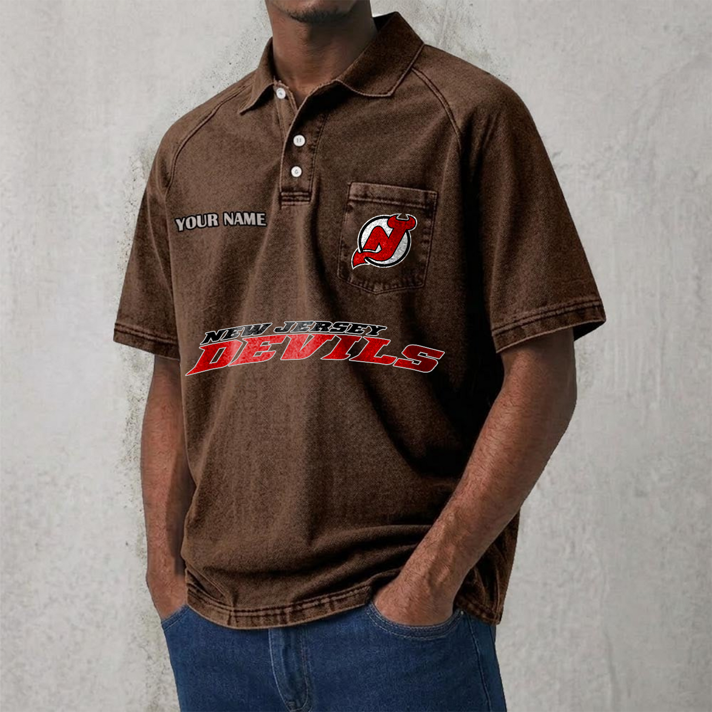 NJD x NHL Men's Distressed Turn-Down Collar Polo DATND TANTD 250526