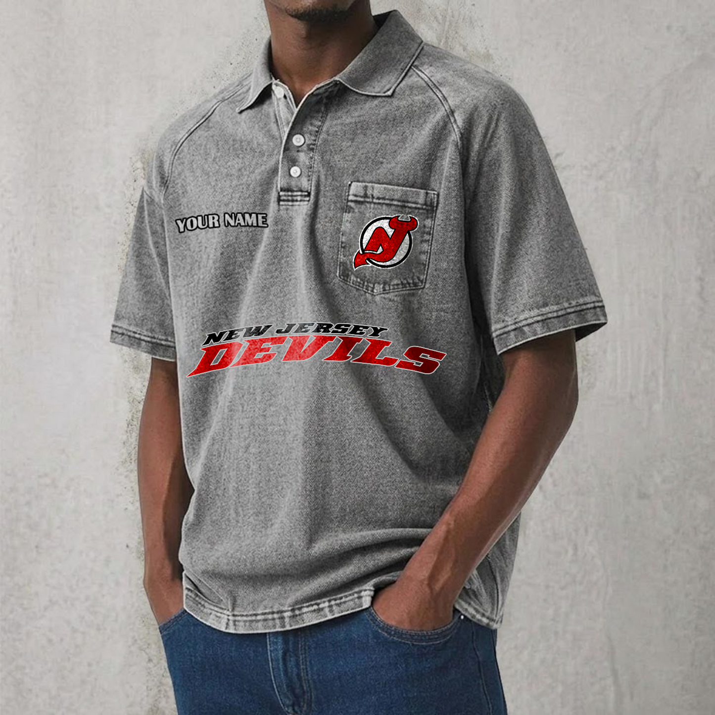 NJD x NHL Men's Distressed Turn-Down Collar Polo DATND TANTD 250526
