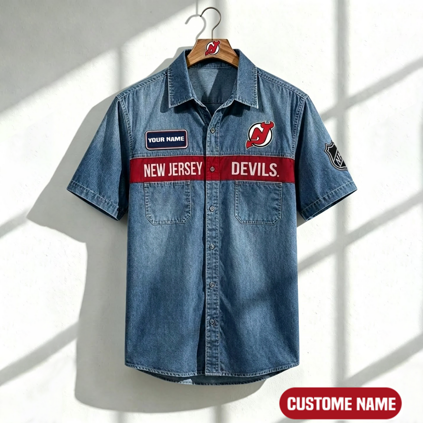 NJD x NHL Print Denim Short-Sleeve Work Shirt 180526 DatND LBN