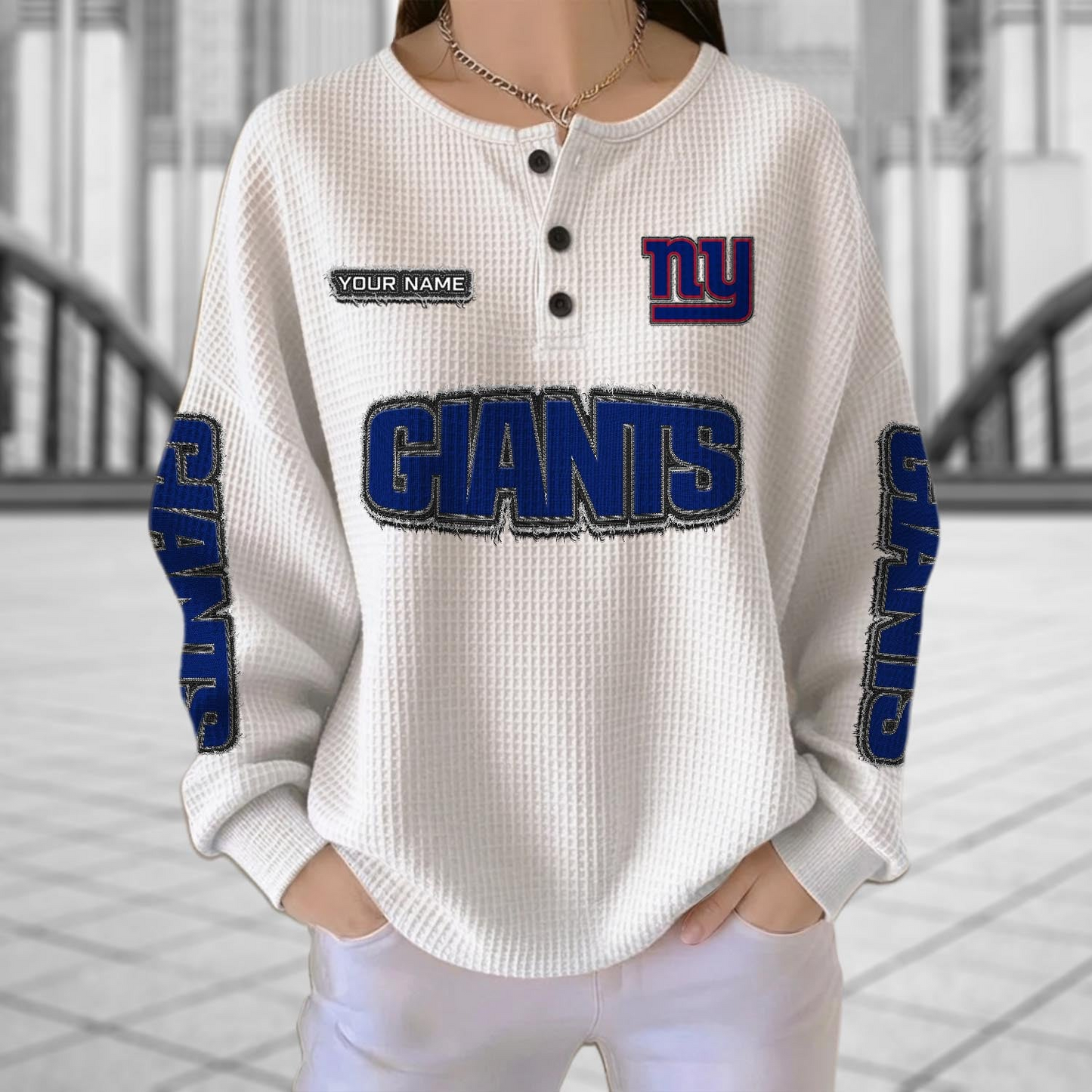 NYG x NFL Personalized Waffle Knit Henley Sweatshirt 2005 DatND DVT