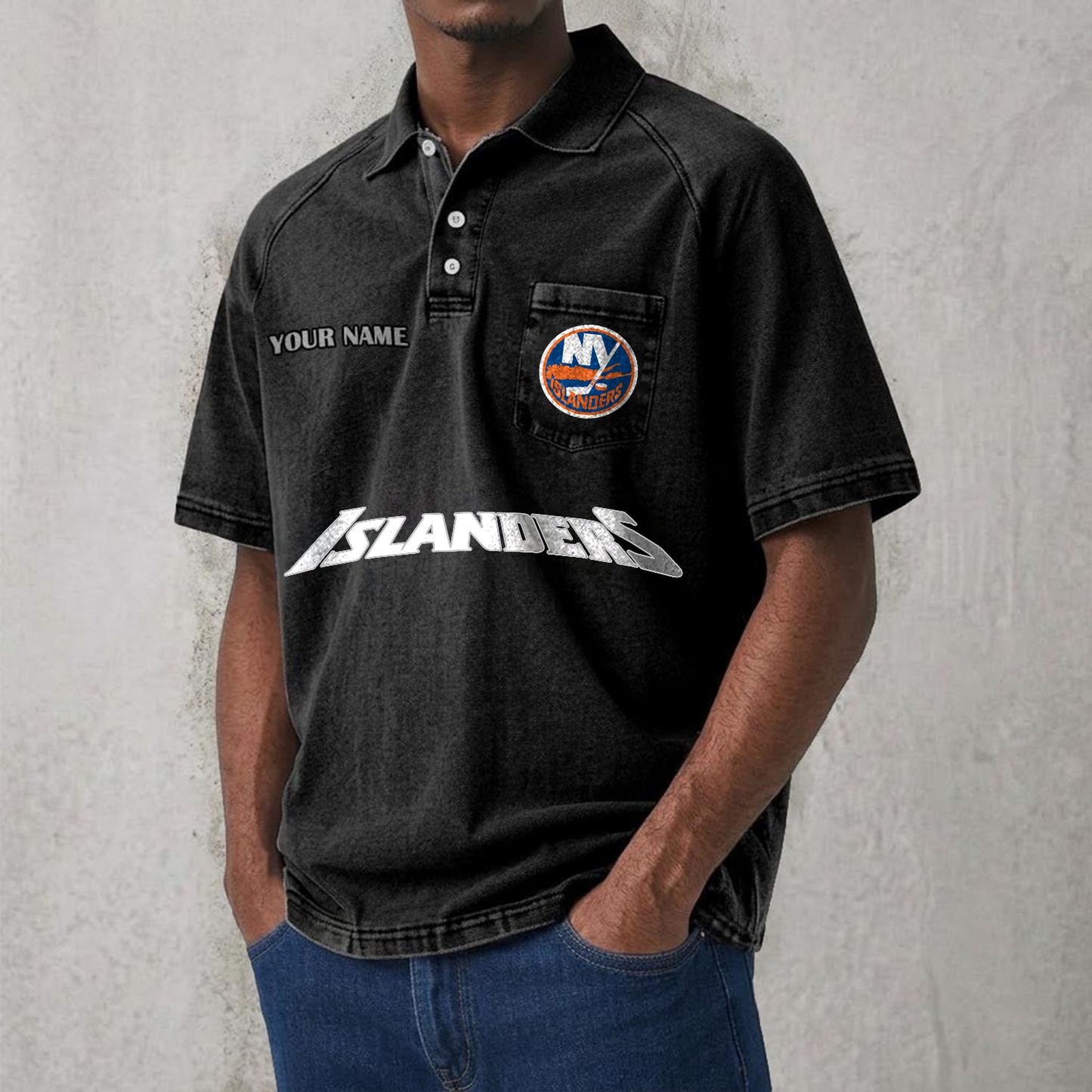 NYI x NHL Men's Distressed Turn-Down Collar Polo DATND TANTD 250526