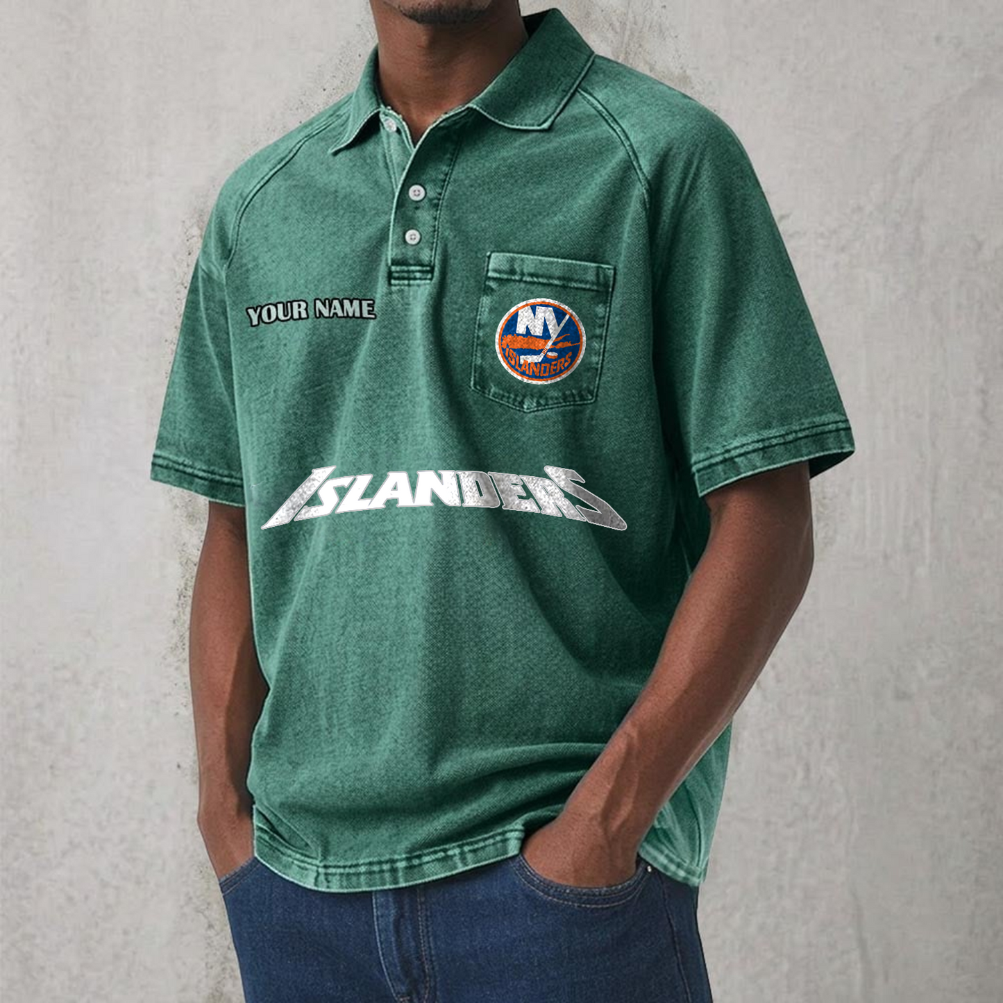 NYI x NHL Men's Distressed Turn-Down Collar Polo DATND TANTD 250526