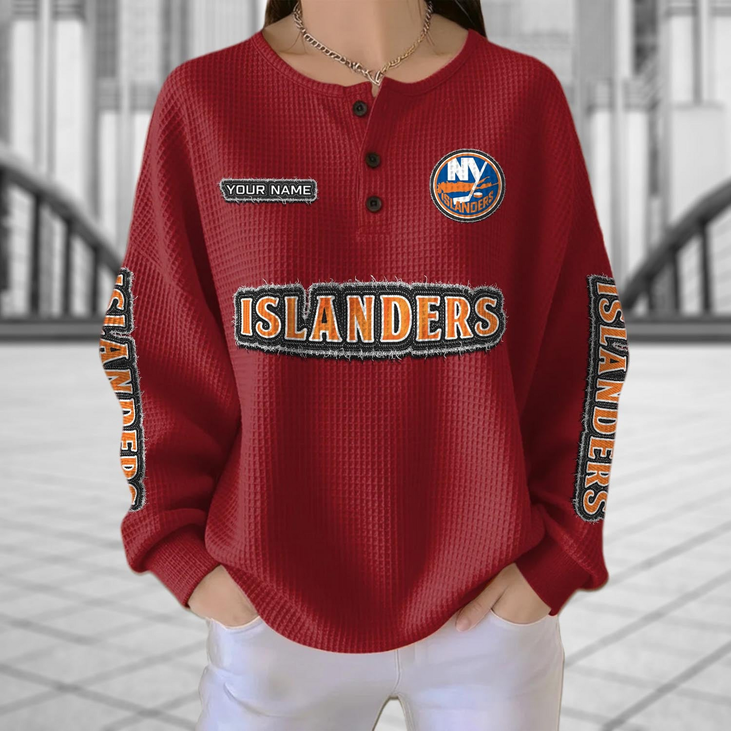 NYI x NHL Personalized Waffle Knit Henley Sweatshirt 2005 DatND DVT