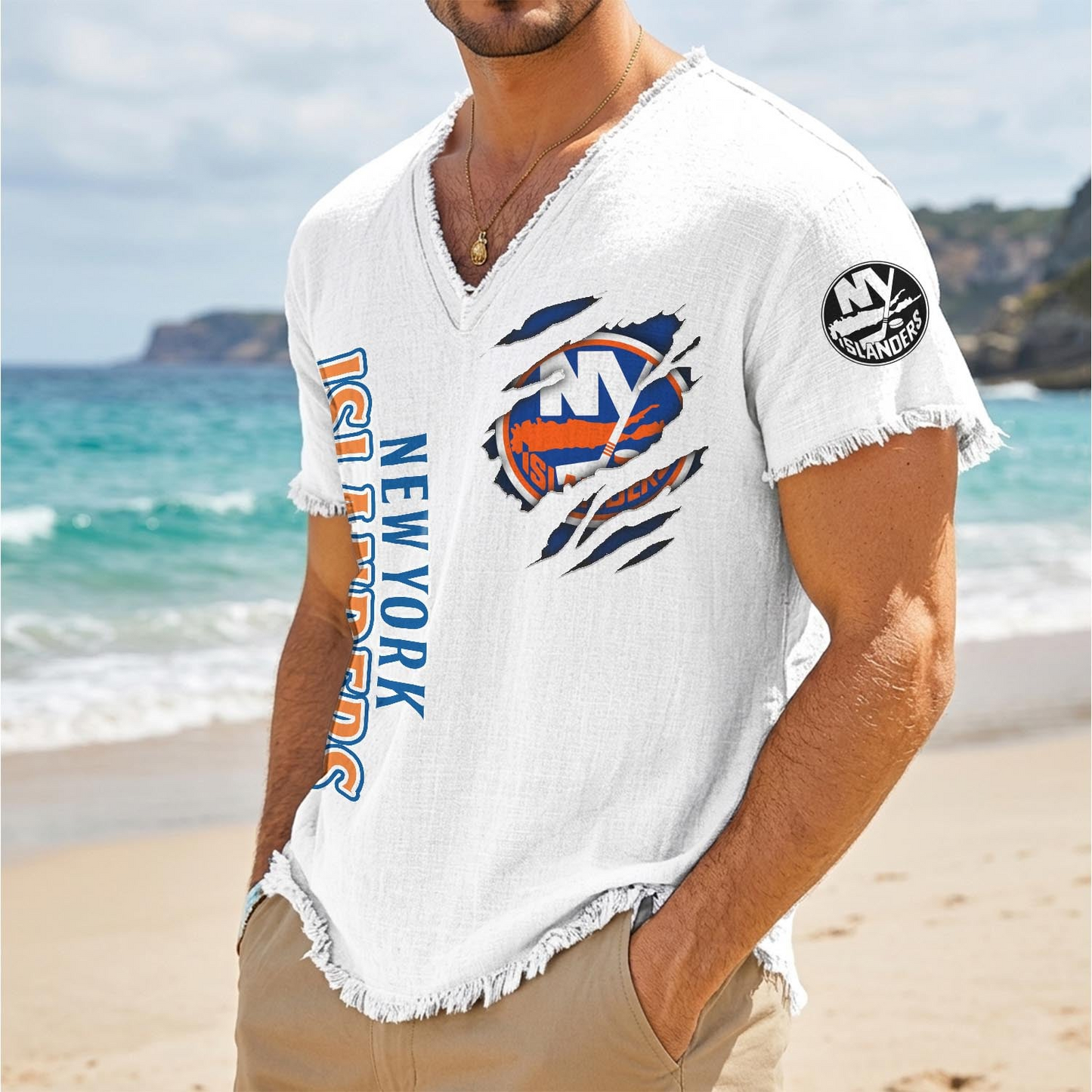 NYI x NHL V-Neck Linen Beach Shirt 1905 DatND DVT