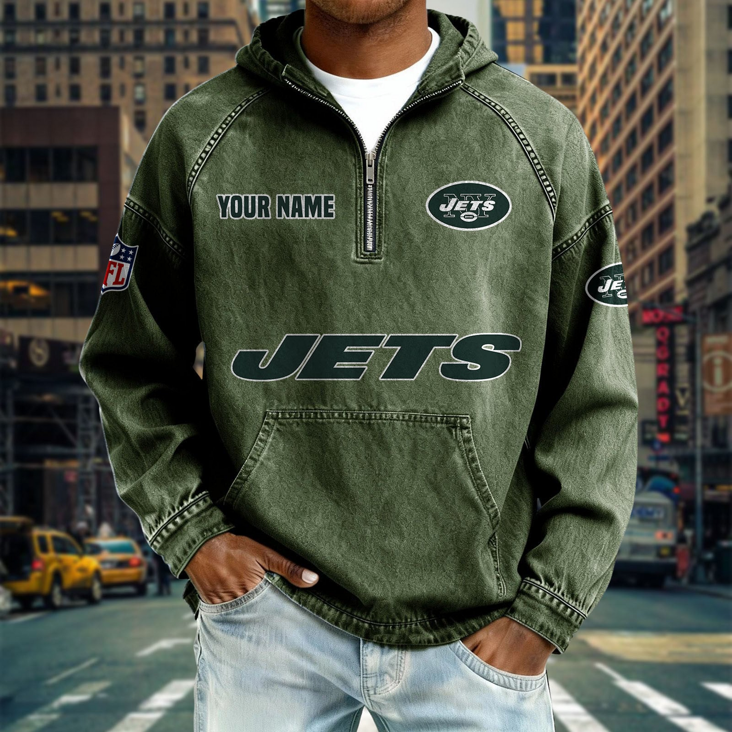 NYJ x NFL Denim Long - Sleeved Hooded Sweatshirt DDT NTL