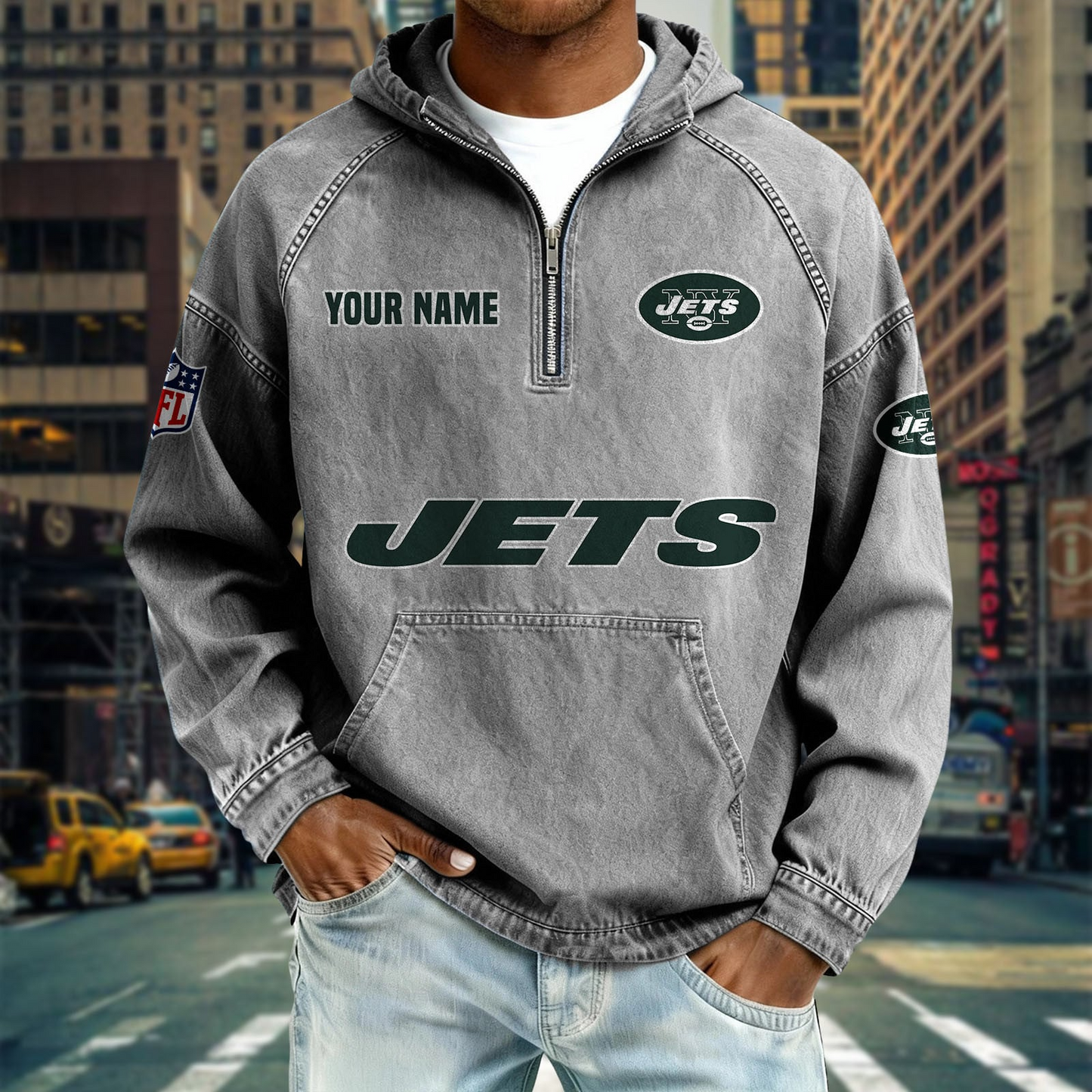 NYJ x NFL Denim Long - Sleeved Hooded Sweatshirt DDT NTL