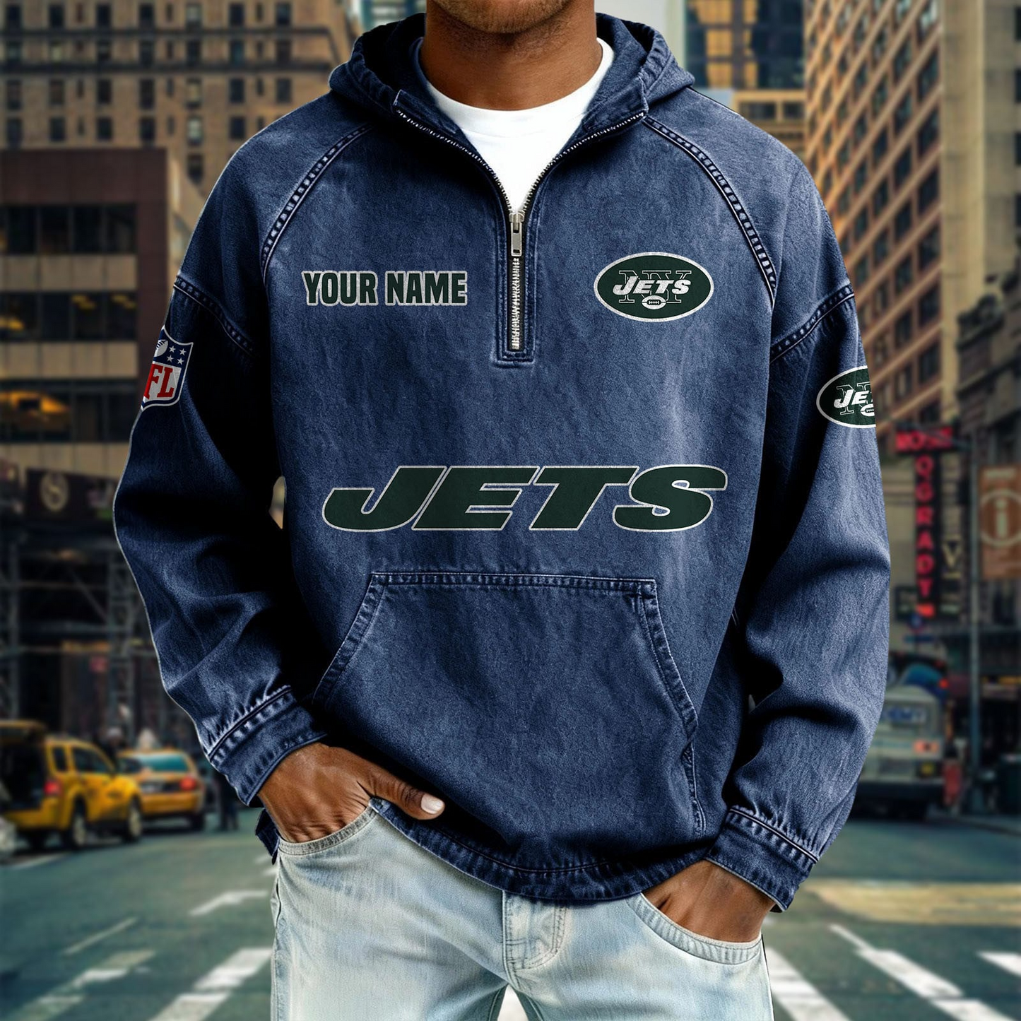 NYJ x NFL Denim Long - Sleeved Hooded Sweatshirt DDT NTL