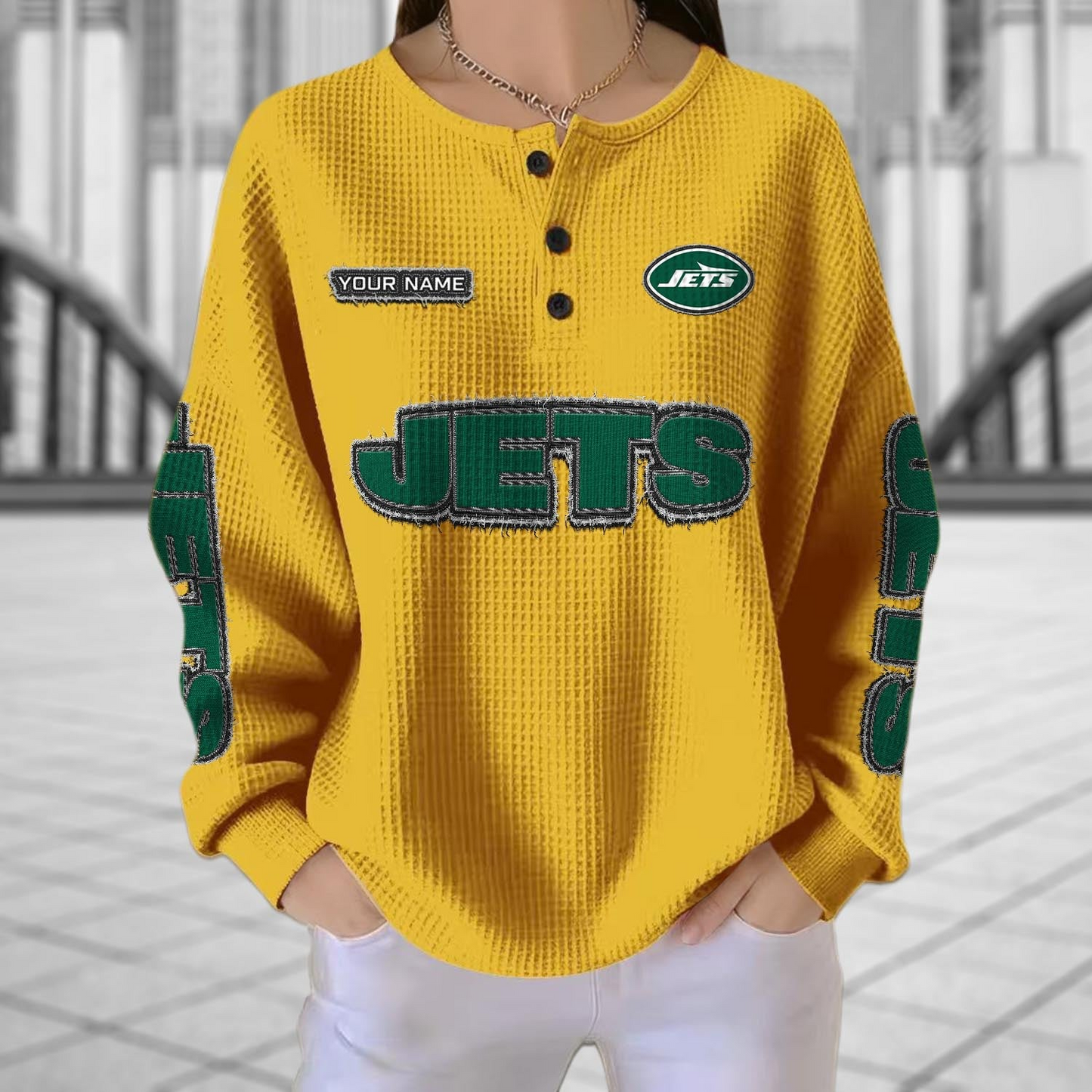 NYJ x NFL Personalized Waffle Knit Henley Sweatshirt 2005 DatND DVT