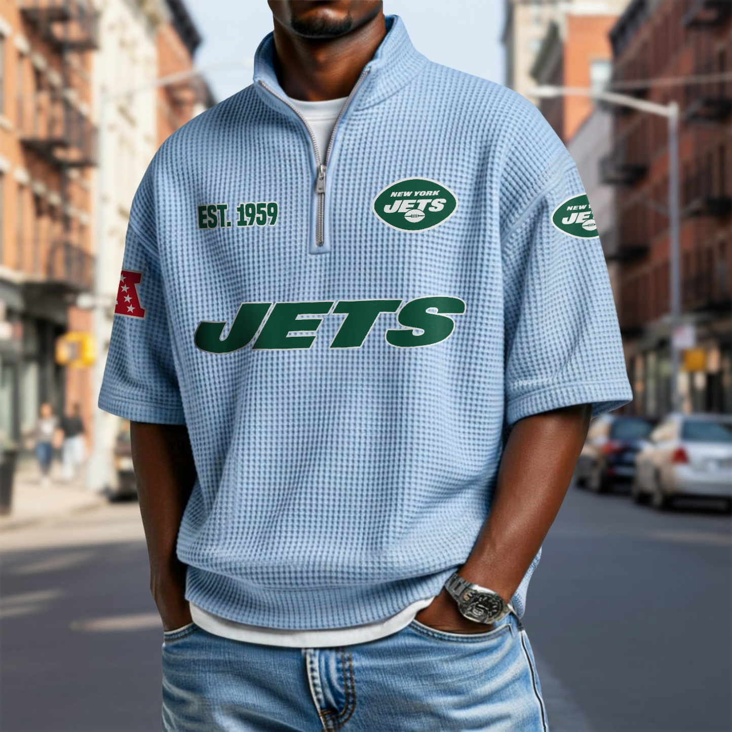 NYJ x NFL Waffle Short Sleeve Polo Shirt DatND DVT