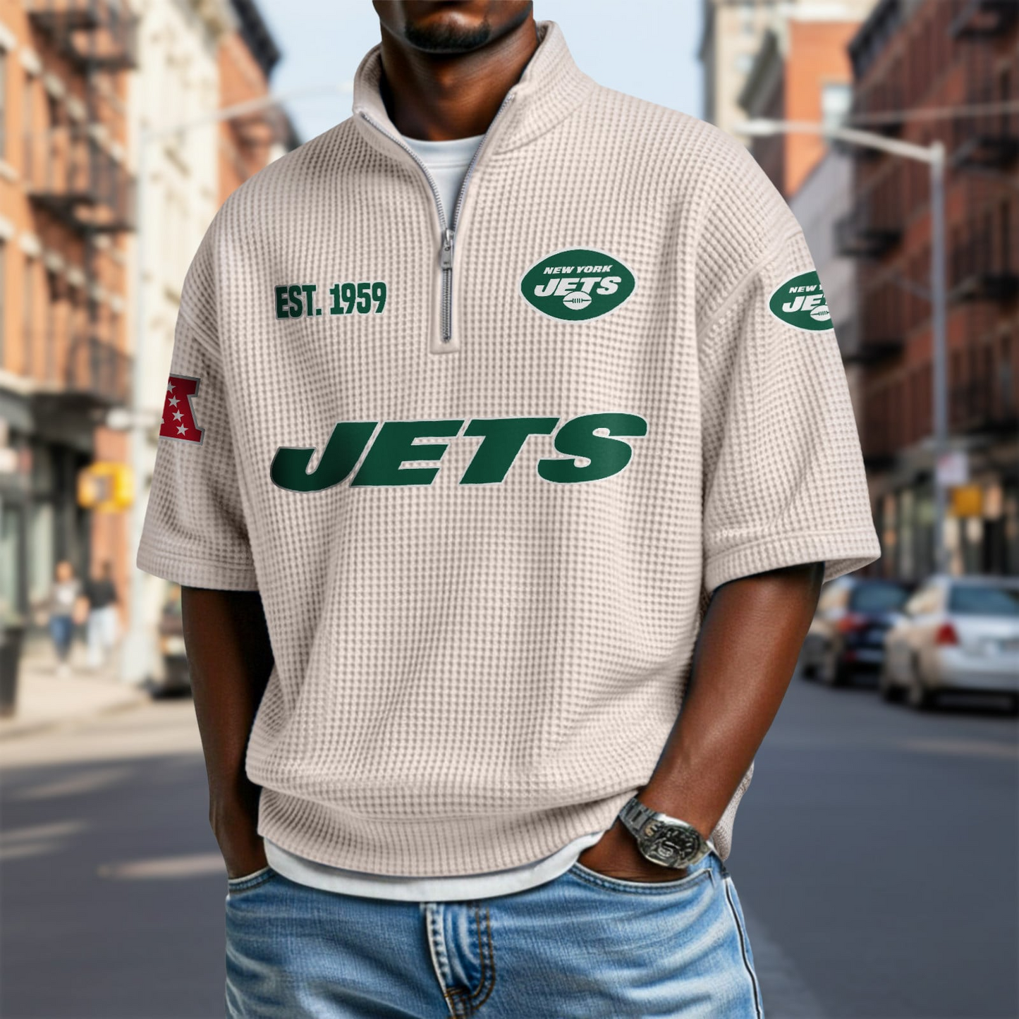 NYJ x NFL Waffle Short Sleeve Polo Shirt DatND DVT