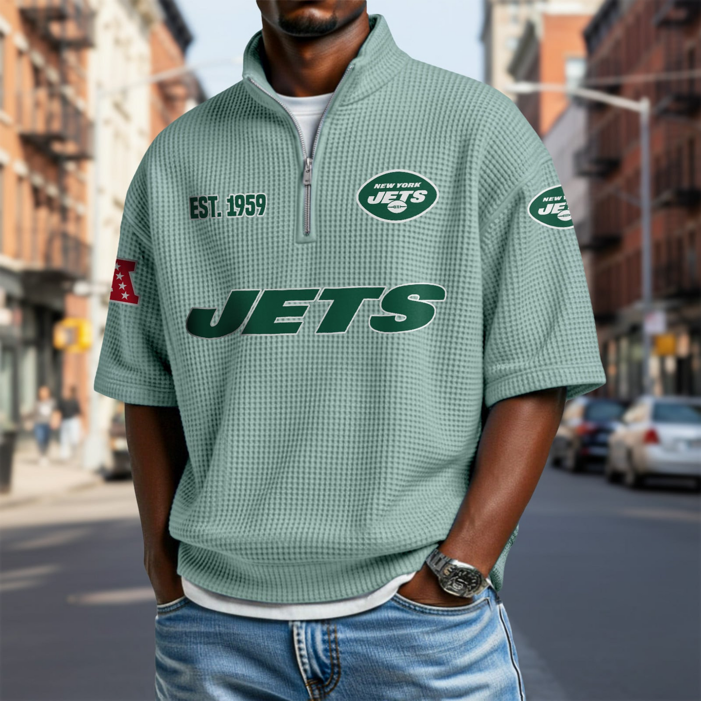 NYJ x NFL Waffle Short Sleeve Polo Shirt DatND DVT