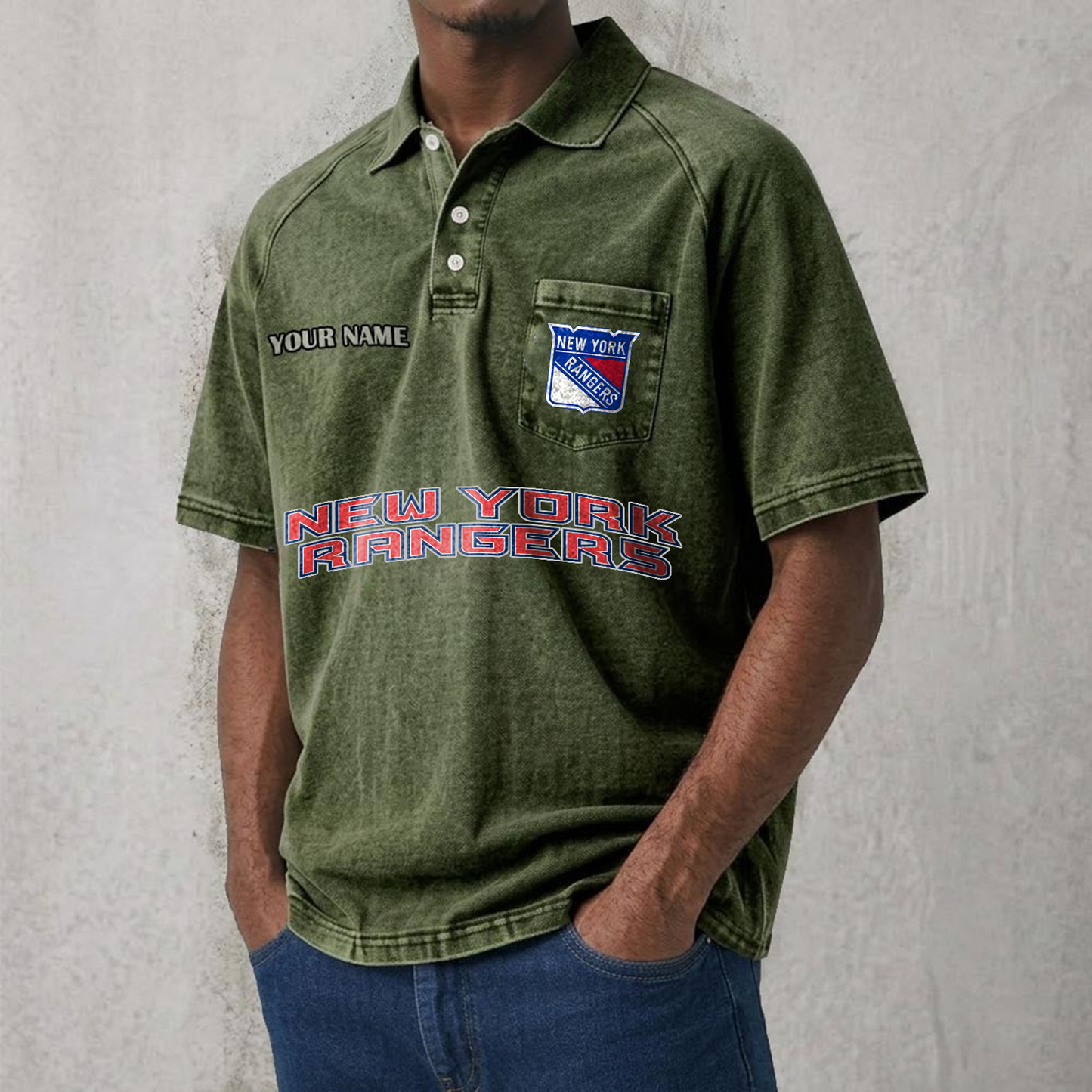 NYR x NHL Men's Distressed Turn-Down Collar Polo DATND TANTD 250526