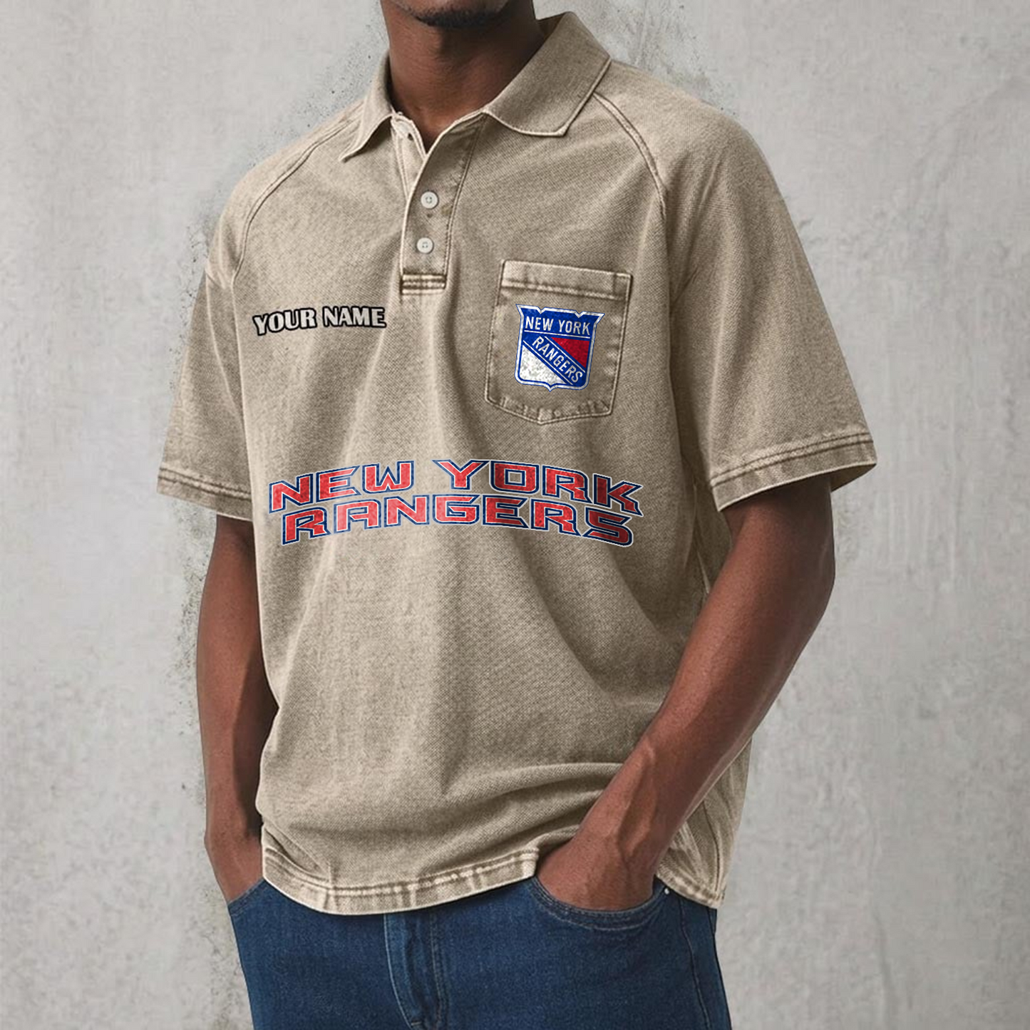 NYR x NHL Men's Distressed Turn-Down Collar Polo DATND TANTD 250526