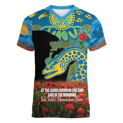 PAR x NRL Rugby ANZAC Day Women V-Neck T-Shirt Last Post Poppy We Will Remember Them DatND DVT