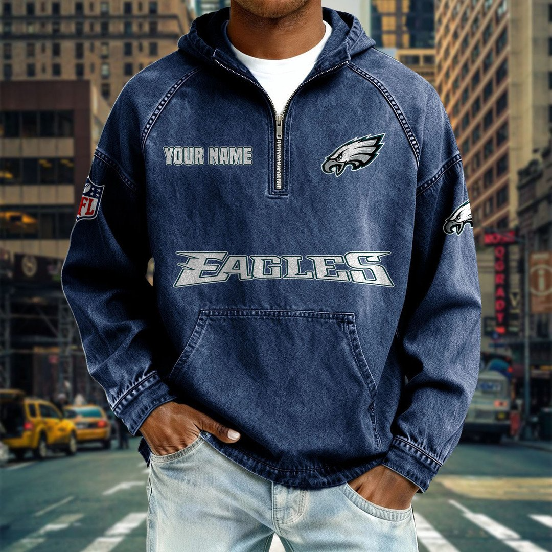 PE x NFL Denim Long - Sleeved Hooded Sweatshirt DDT NTL