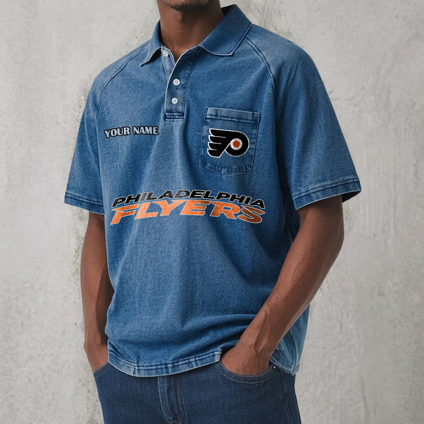PHI x NHL Men's Distressed Turn-Down Collar Polo DATND TANTD 250526