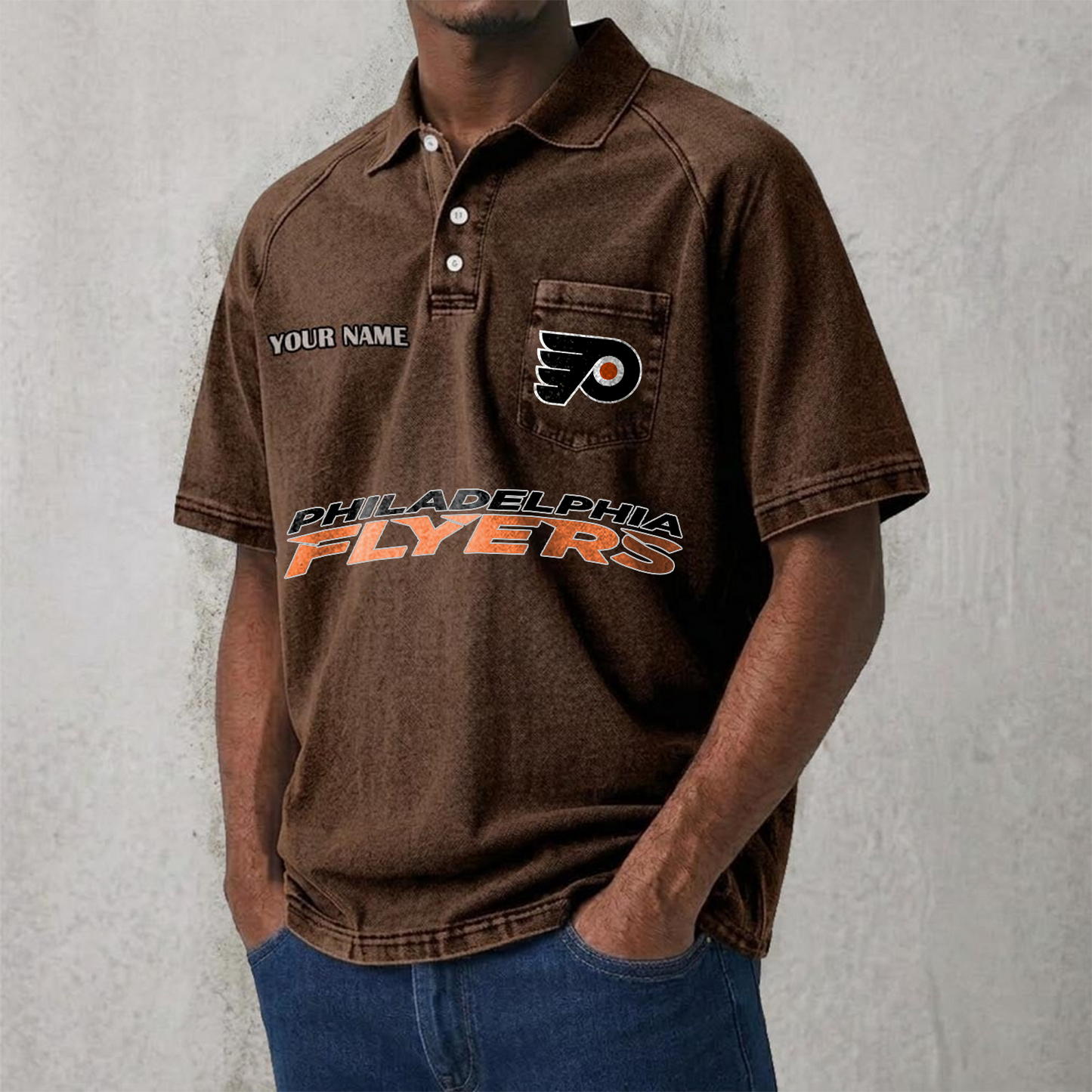 PHI x NHL Men's Distressed Turn-Down Collar Polo DATND TANTD 250526