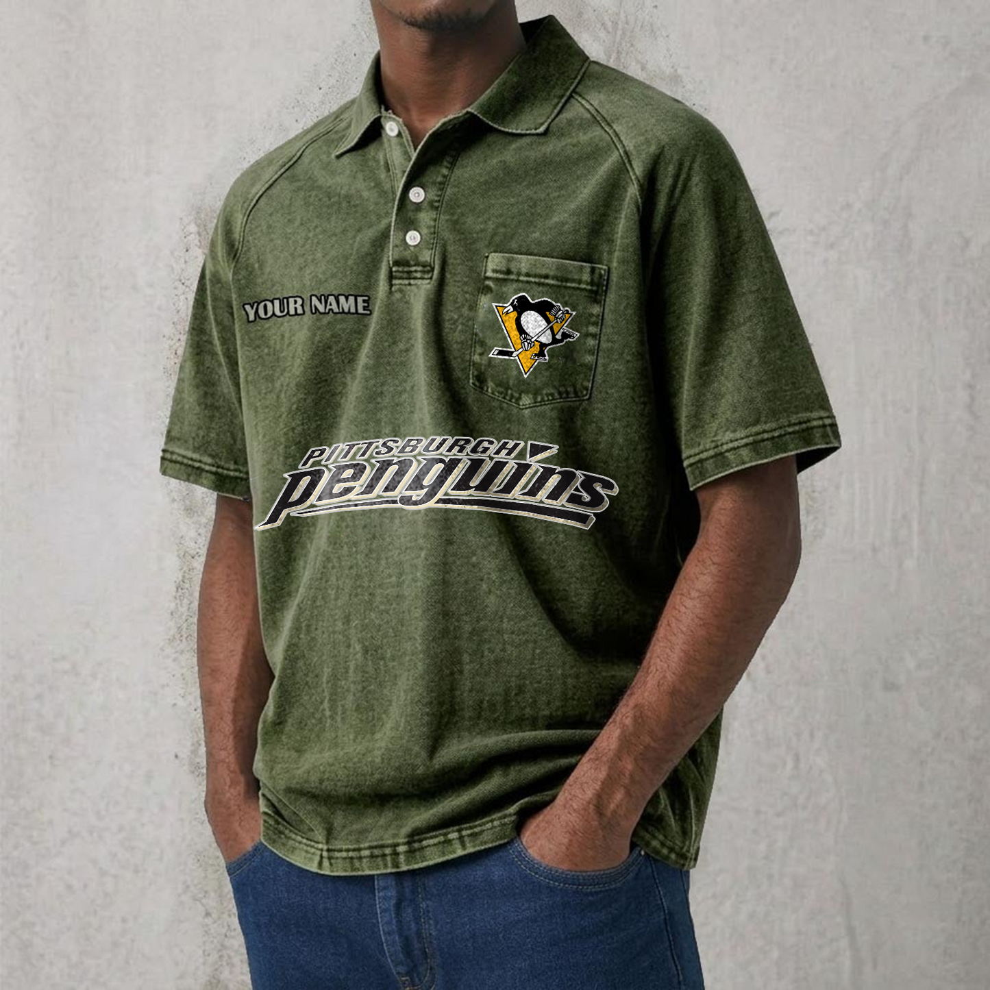 PIT x NHL Men's Distressed Turn-Down Collar Polo DATND TANTD 250526
