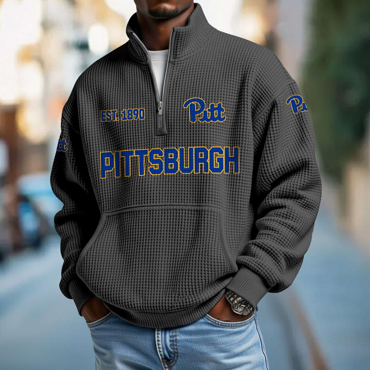 PITT x College Football - Waffle Stand Collar Half Zip Sweatshirt DatND DVT