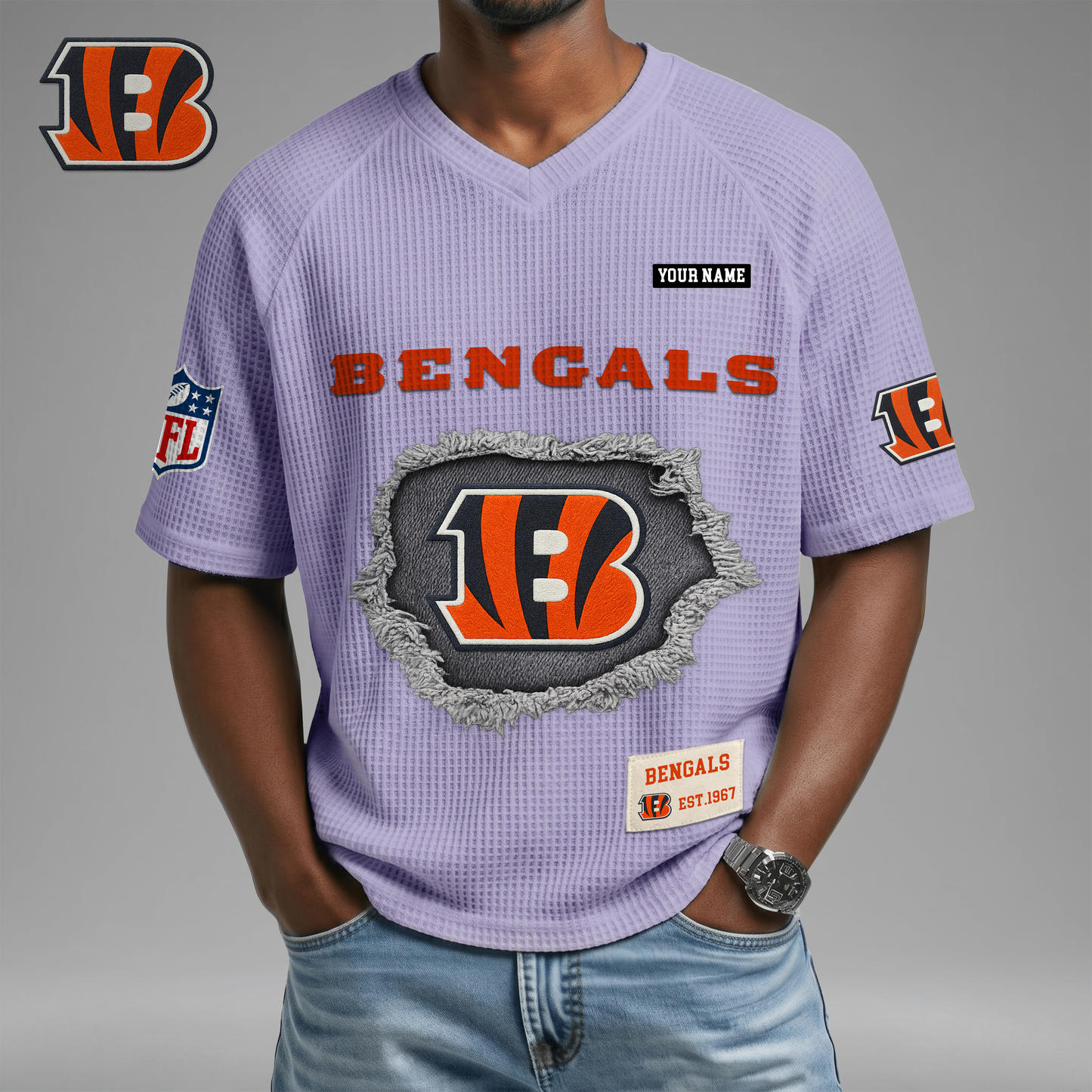 PREMIUM NFL X CIN Game Day Waffle V-neck T-shirt 110626
