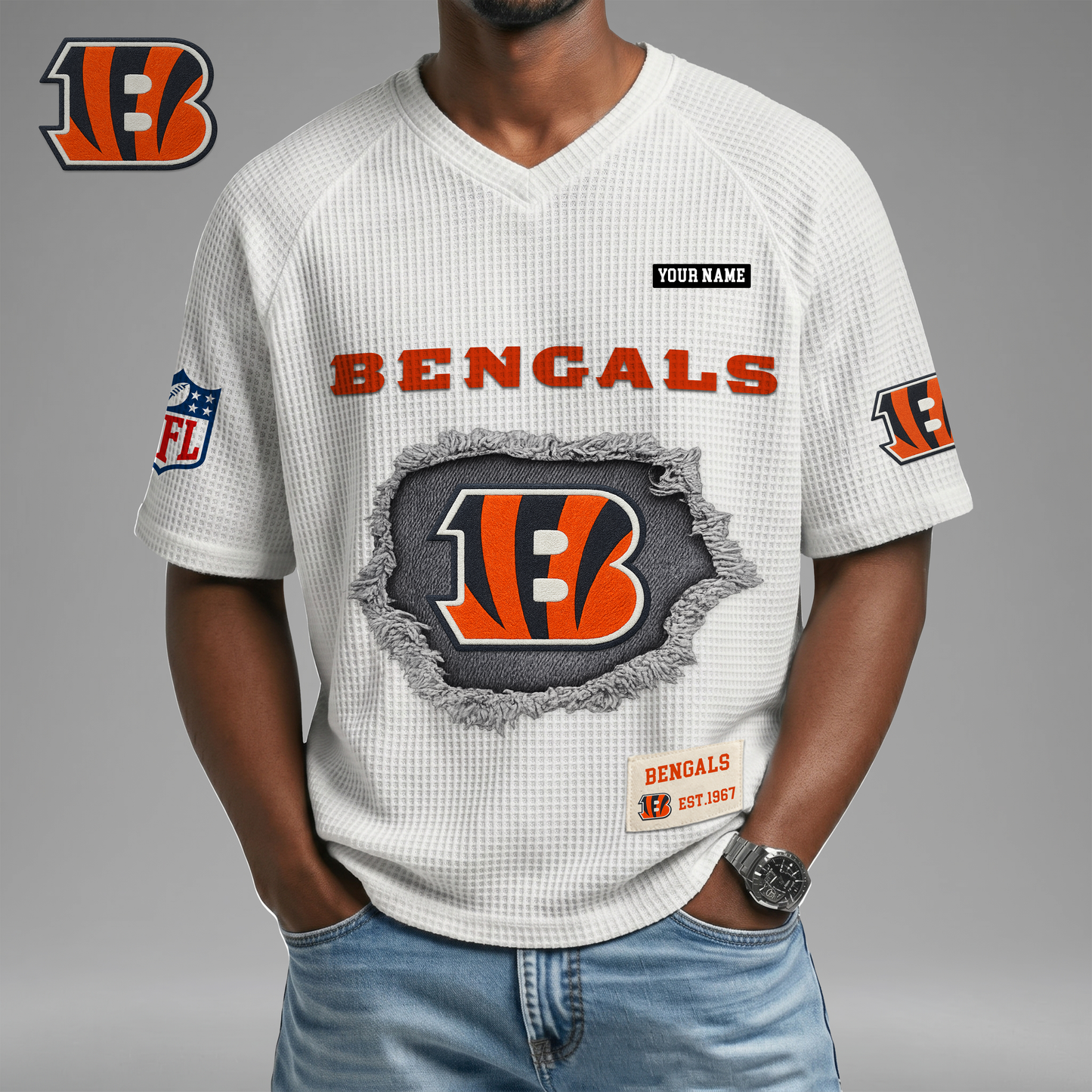 PREMIUM NFL X CIN Game Day Waffle V-neck T-shirt 110626