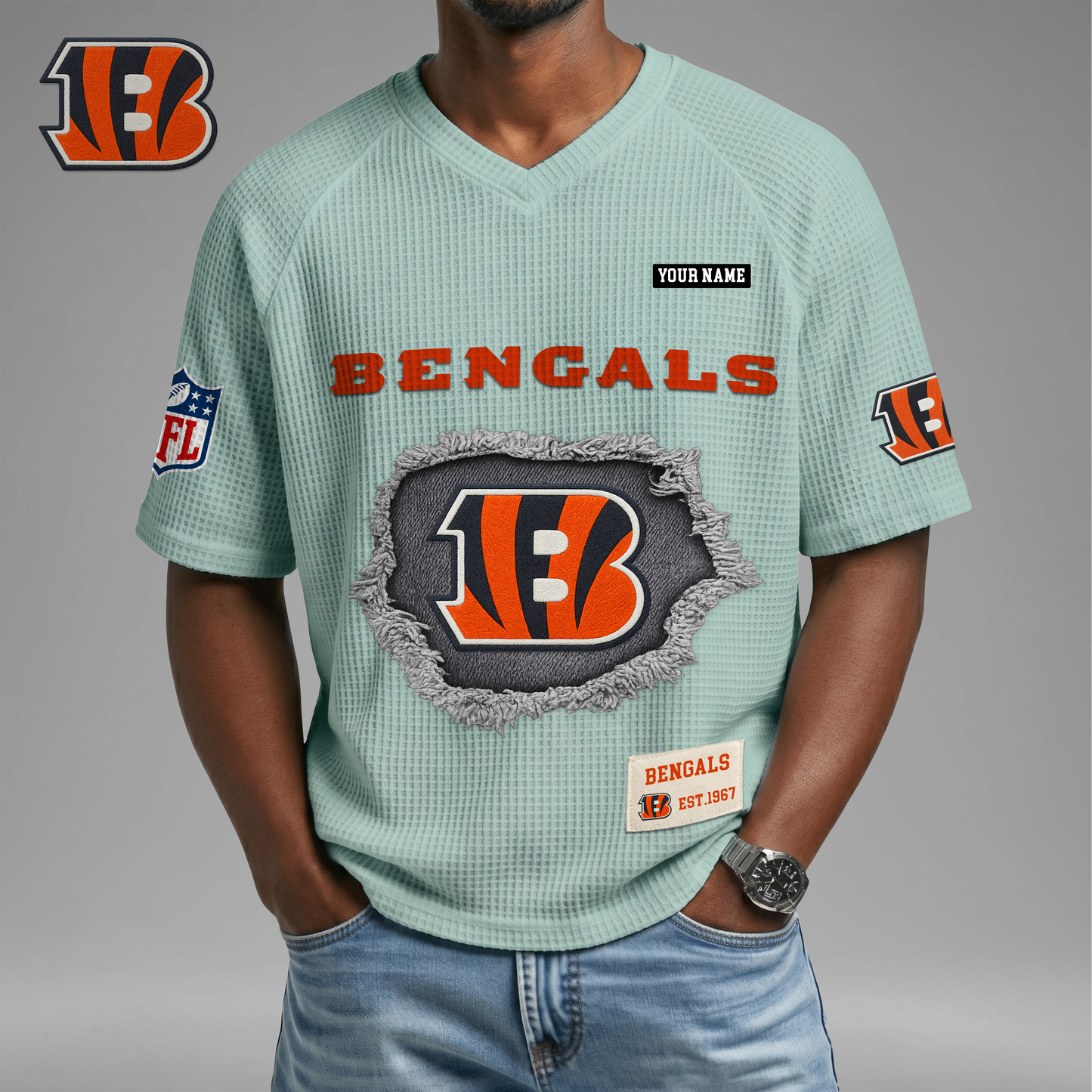 PREMIUM NFL X CIN Game Day Waffle V-neck T-shirt 110626