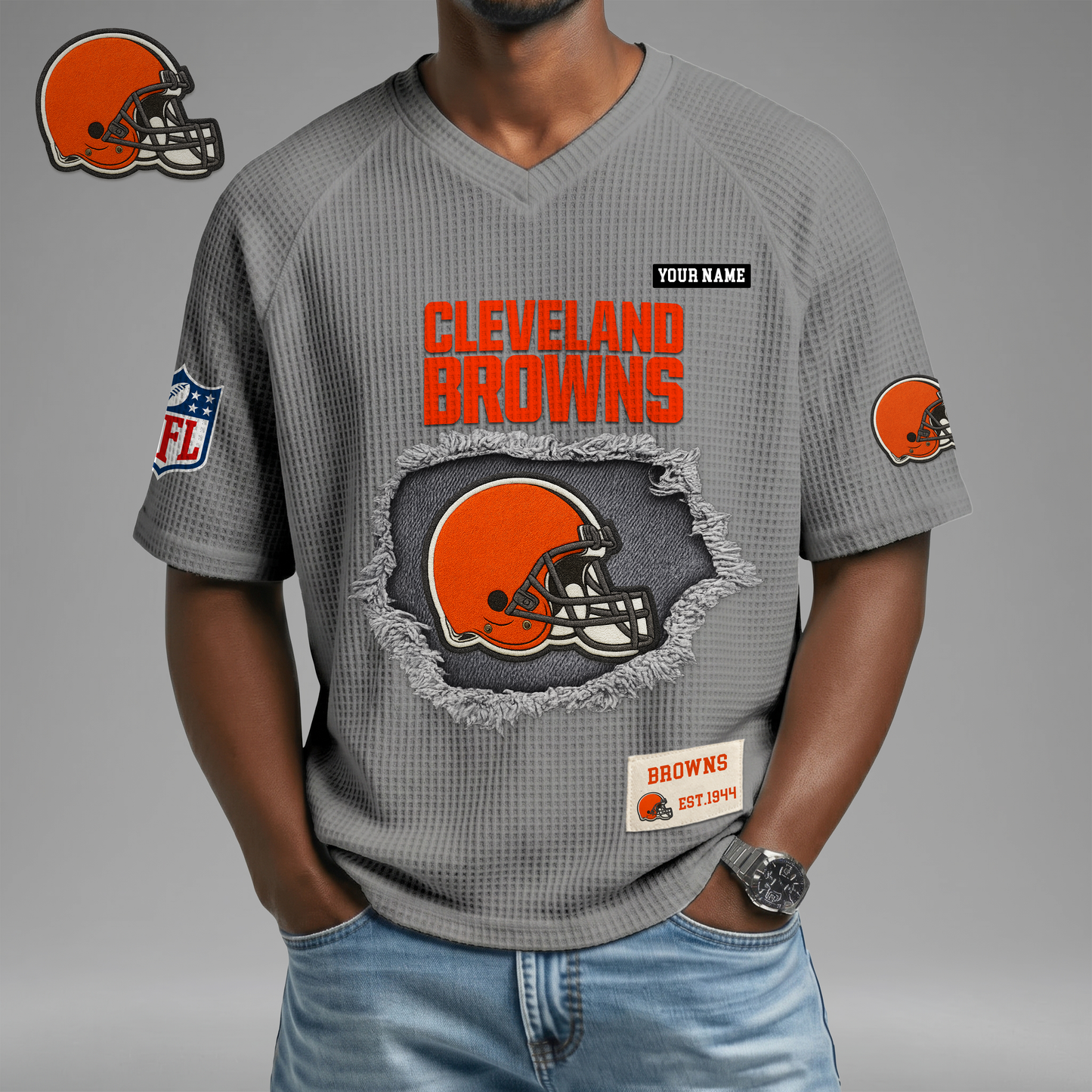 PREMIUM NFL X CLE Game Day Waffle V-neck T-shirt 110626