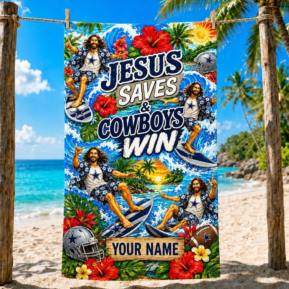 PREMIUM NFL X DAL Funny Jesus Surfing Beach Towel Custom Name For Summer Holiday 190526