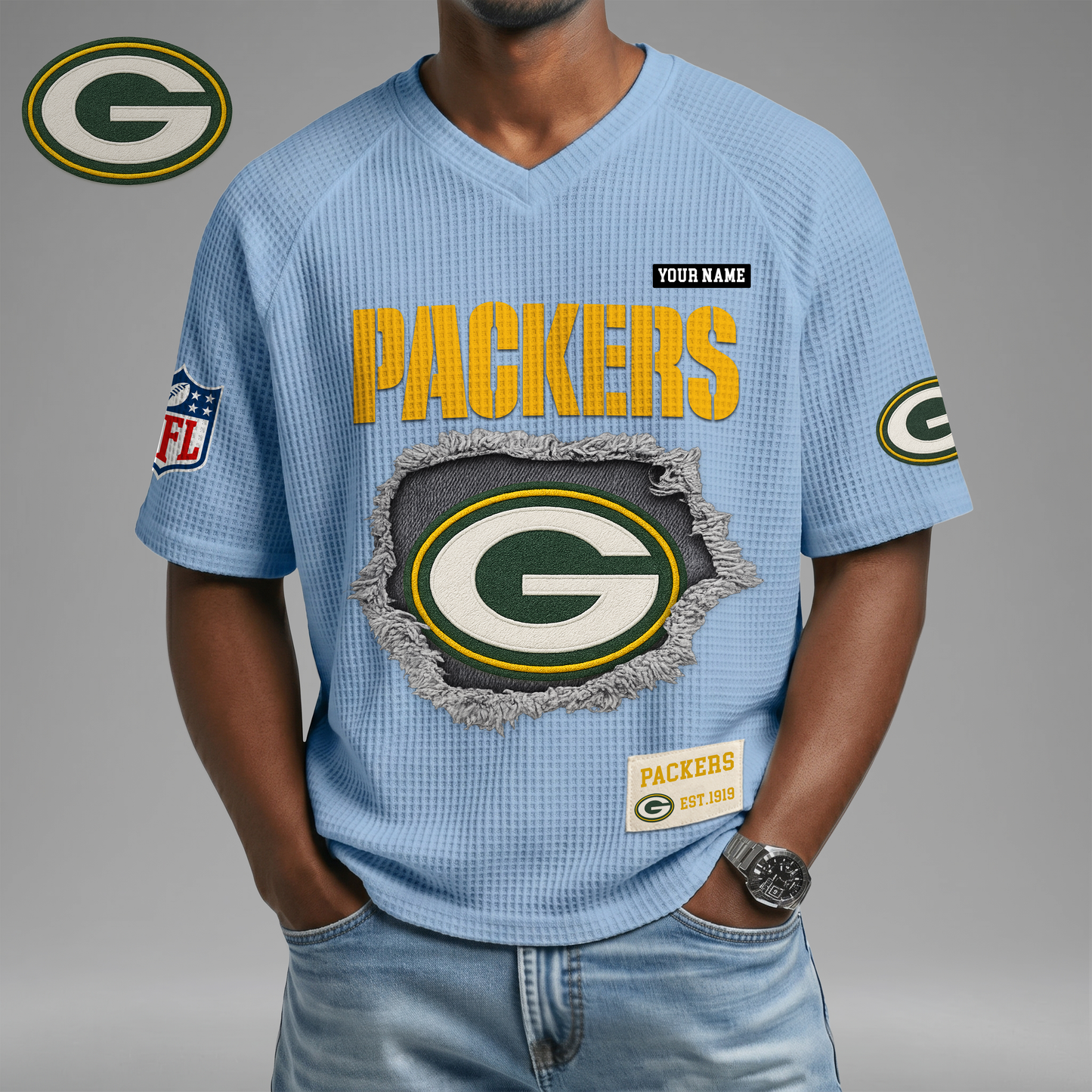 PREMIUM NFL X GBP Game Day Waffle V-neck T-shirt 110626